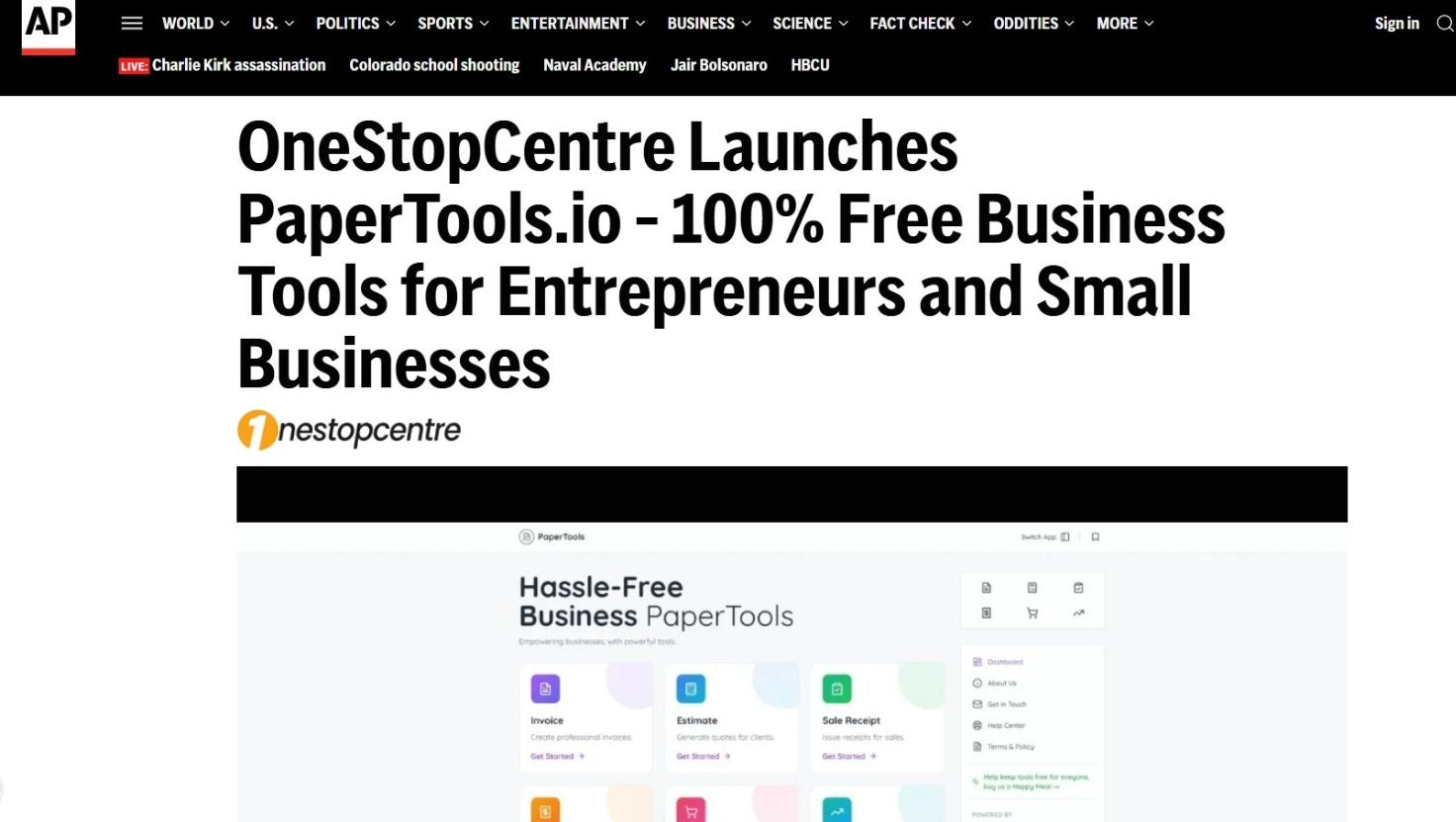 AP News feature of OneStopCentre’s PaperTools.io launch – free tools and digital templates for businesses