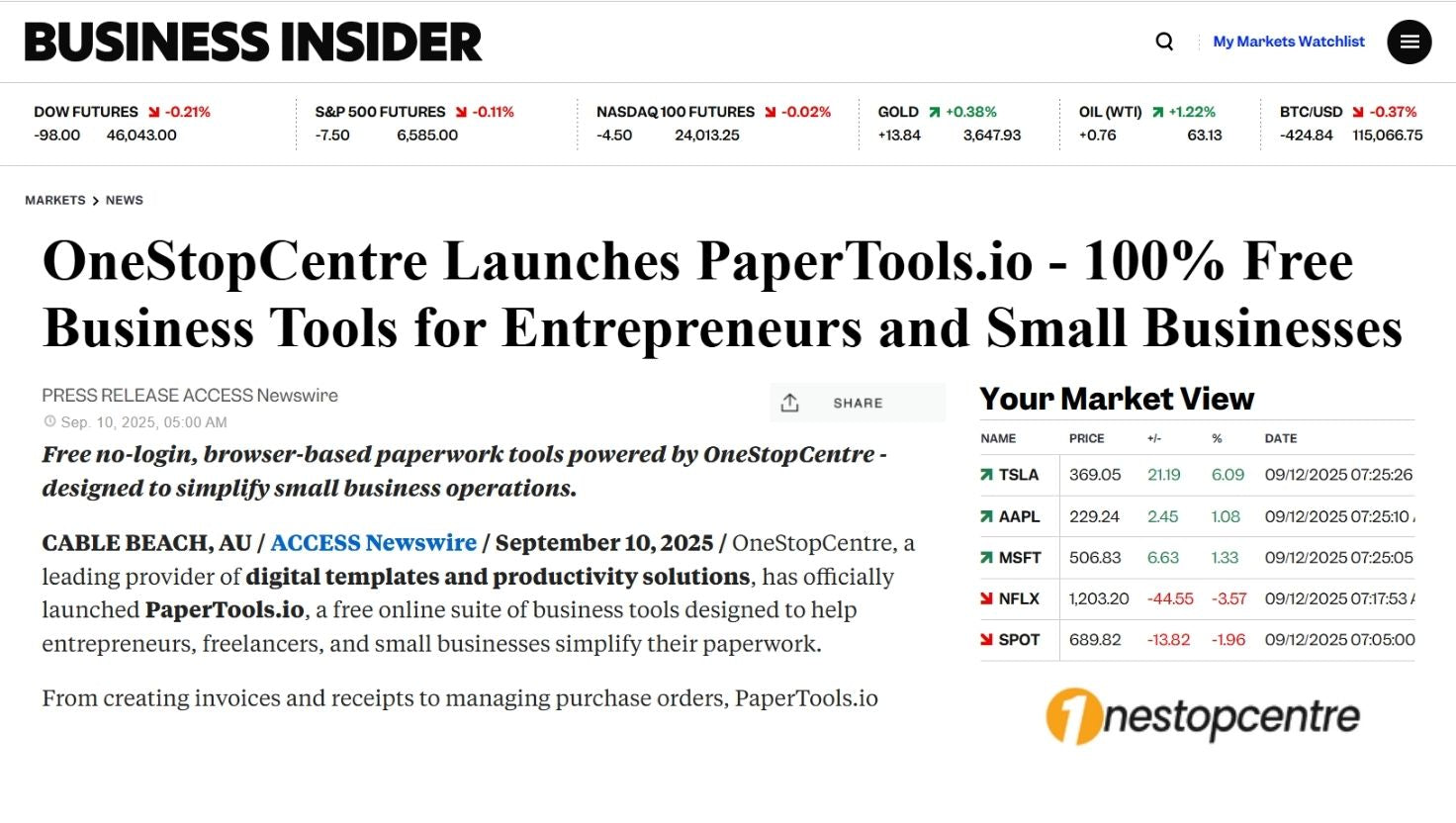 Business Insider highlights OneStopCentre launch of PaperTools.io – free browser-based business tools