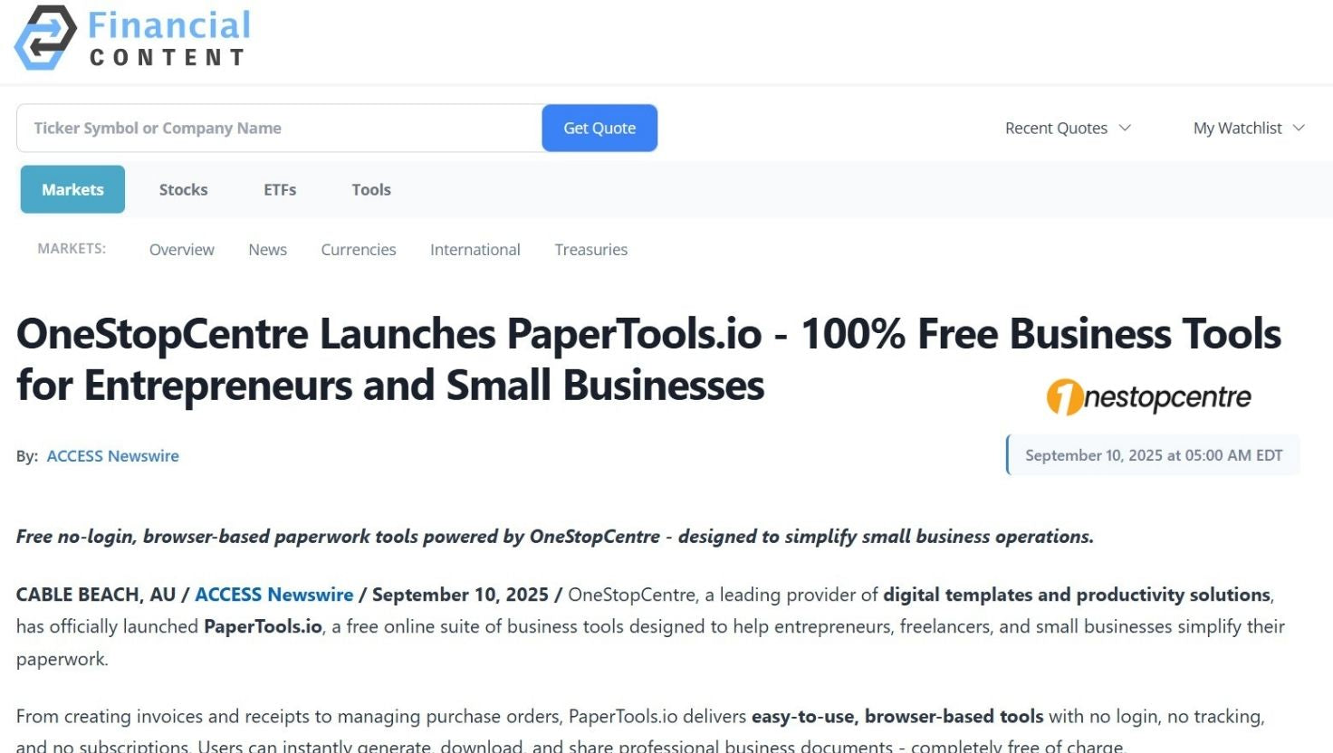 FinancialContent article highlighting OneStopCentre’s launch of PaperTools.io free business tools for entrepreneurs.