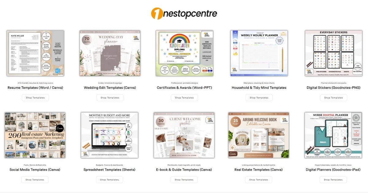 Digital templates by OneStopCentre: Canva posts, Google Sheets dashboards, and iPad planners
