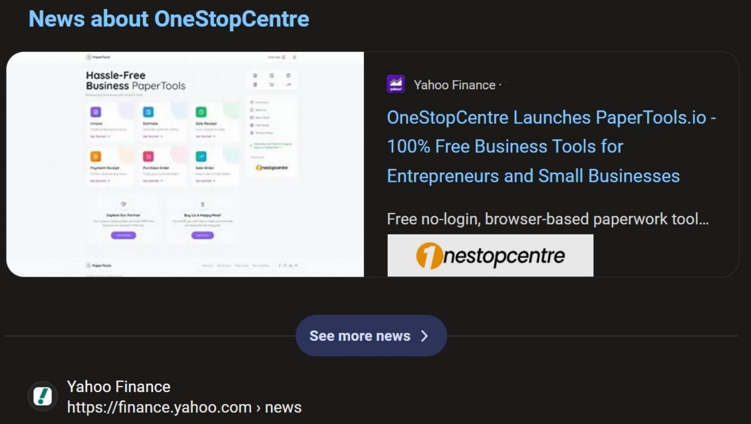 Yahoo Finance feature on OneStopCentre digital templates and PaperTools launch
