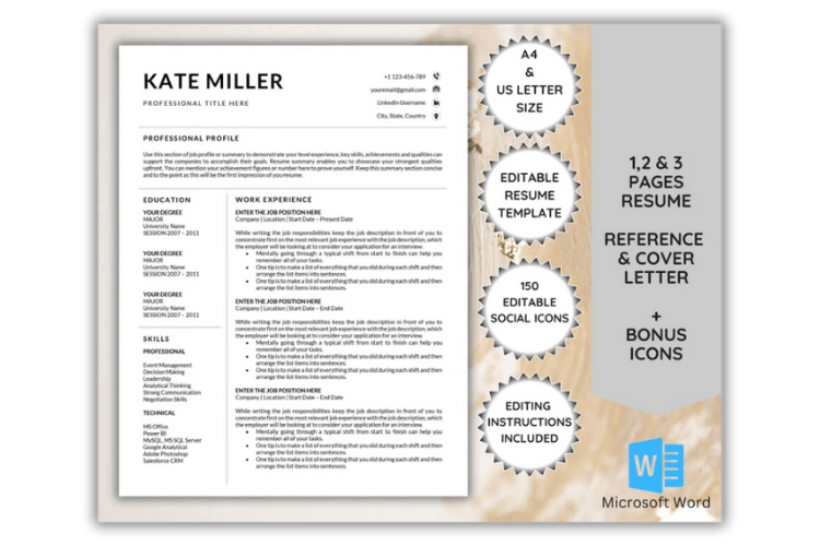 Professional resume templates – editable Word docs with cover letter, reference page & icons