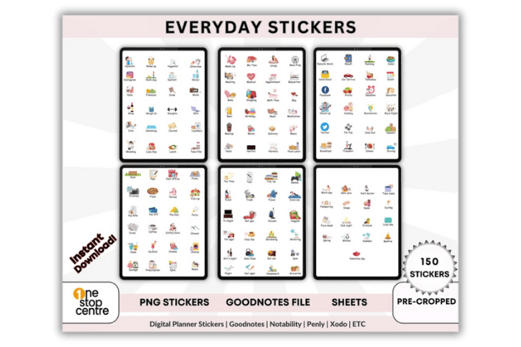 Digital stickers for planners and notebooks – everyday themed PNG sticker pack for GoodNotes, Notability, and iPad