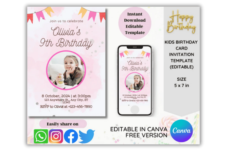 Editable Canva invitation templates for birthdays and baby showers – cute and modern designs