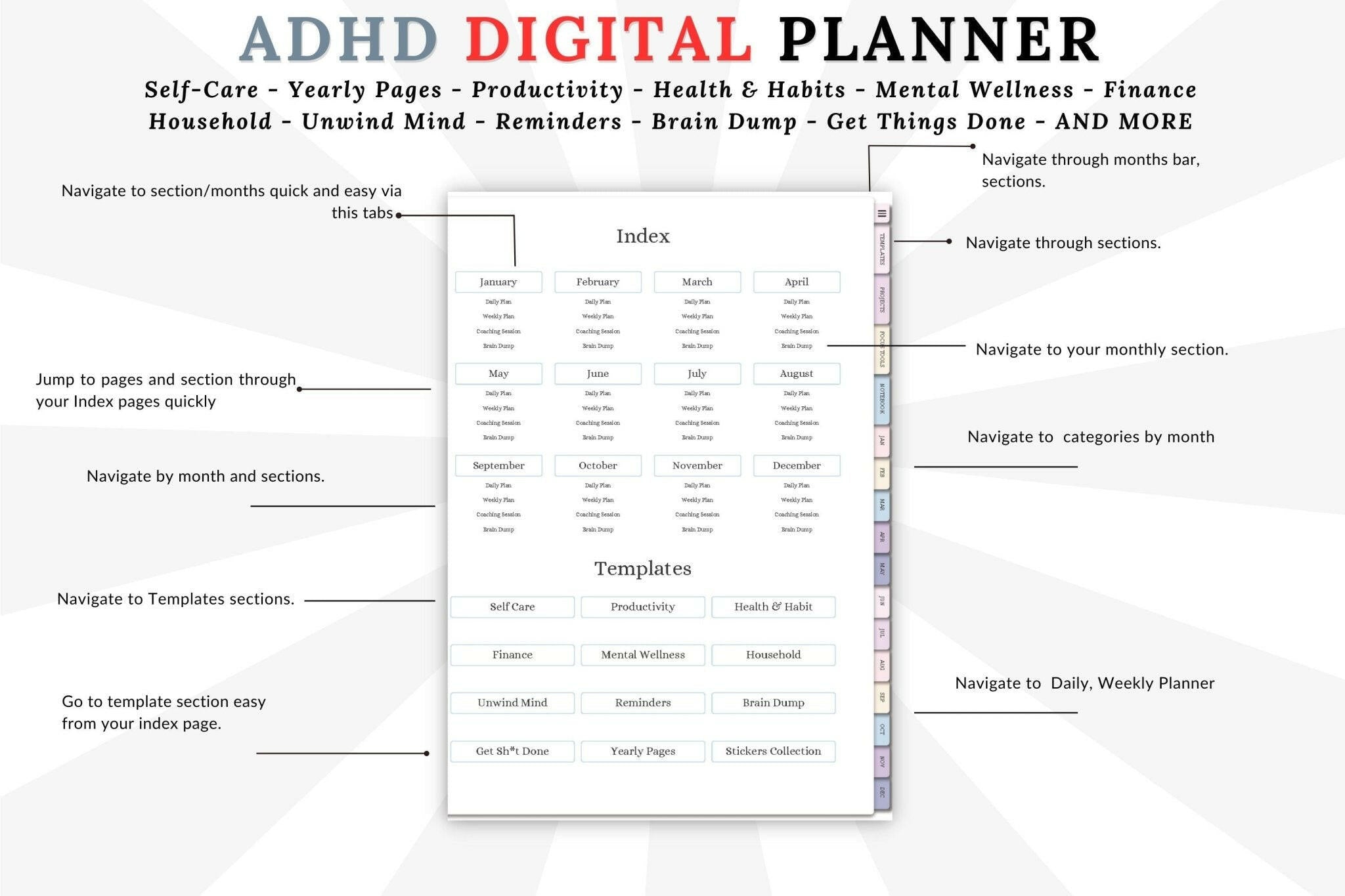Screenshot of an ADHD digital planner with various sections and features.