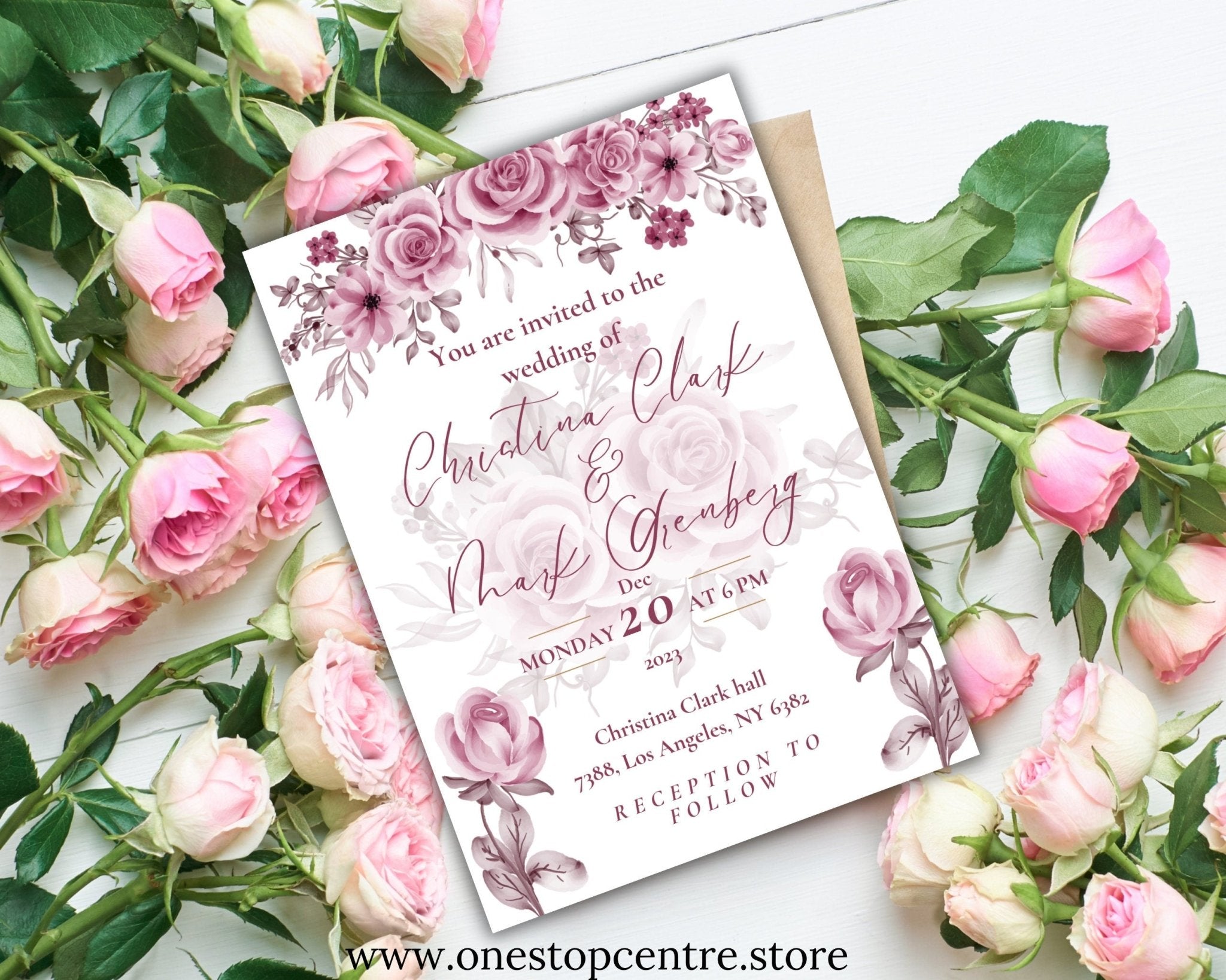 Customizable wedding invitation template with floral design