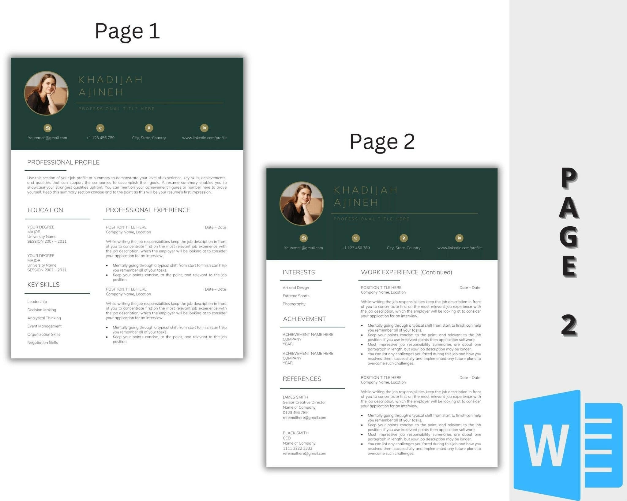 2 page Professional Resume Design – US Letter Format