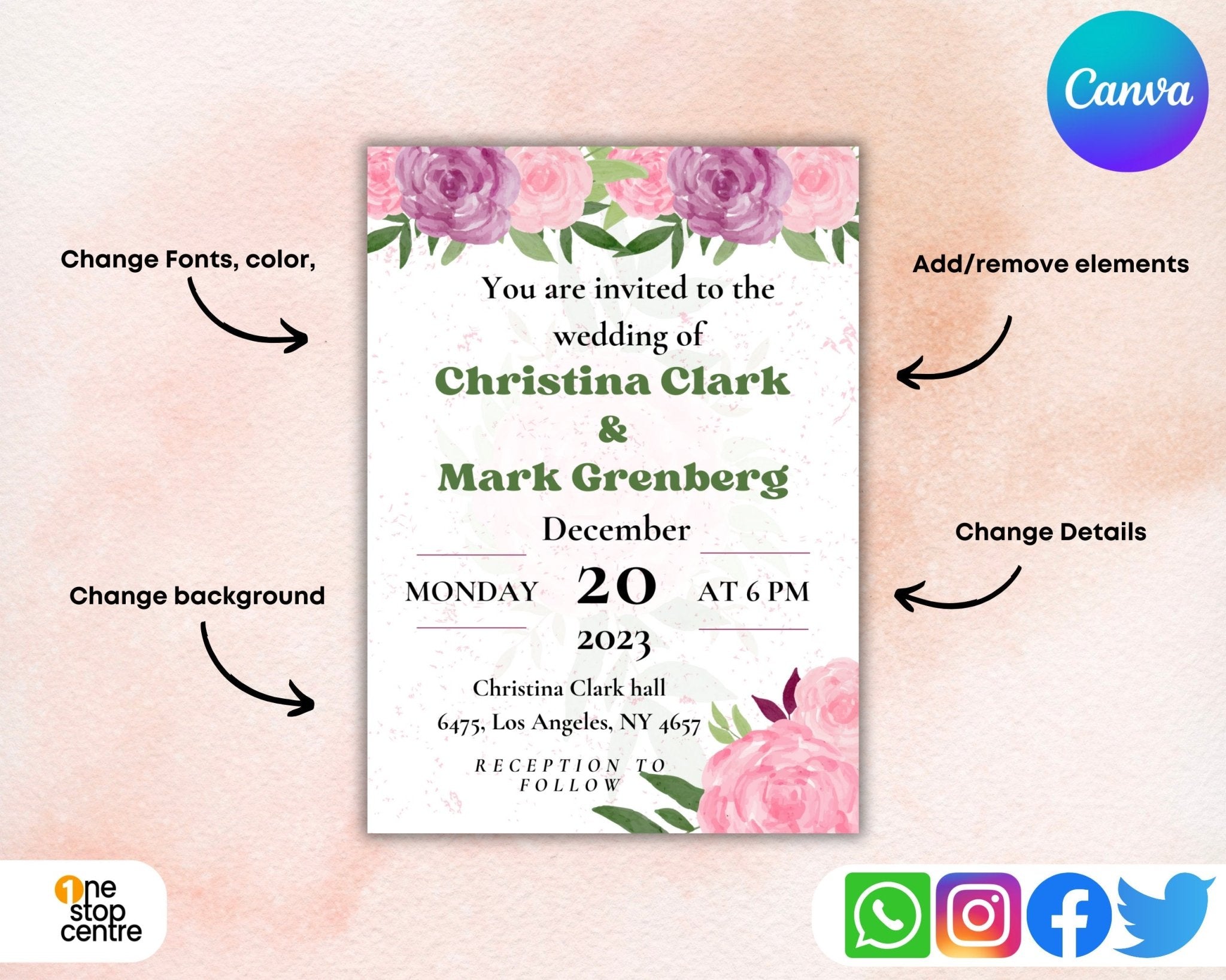 Printable minimalist pink floral wedding invitation template