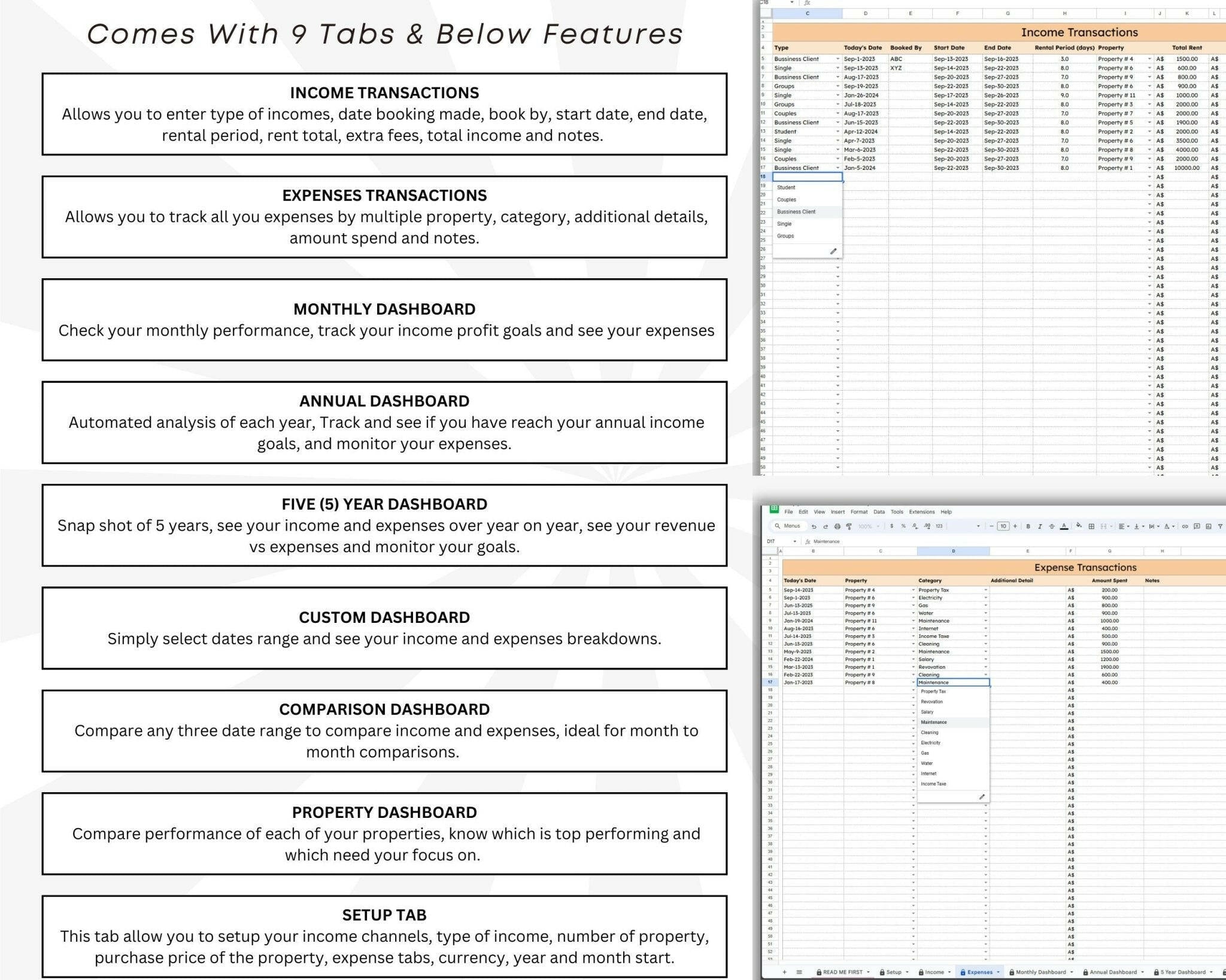 Multi-property Airbnb tracker spreadsheet template