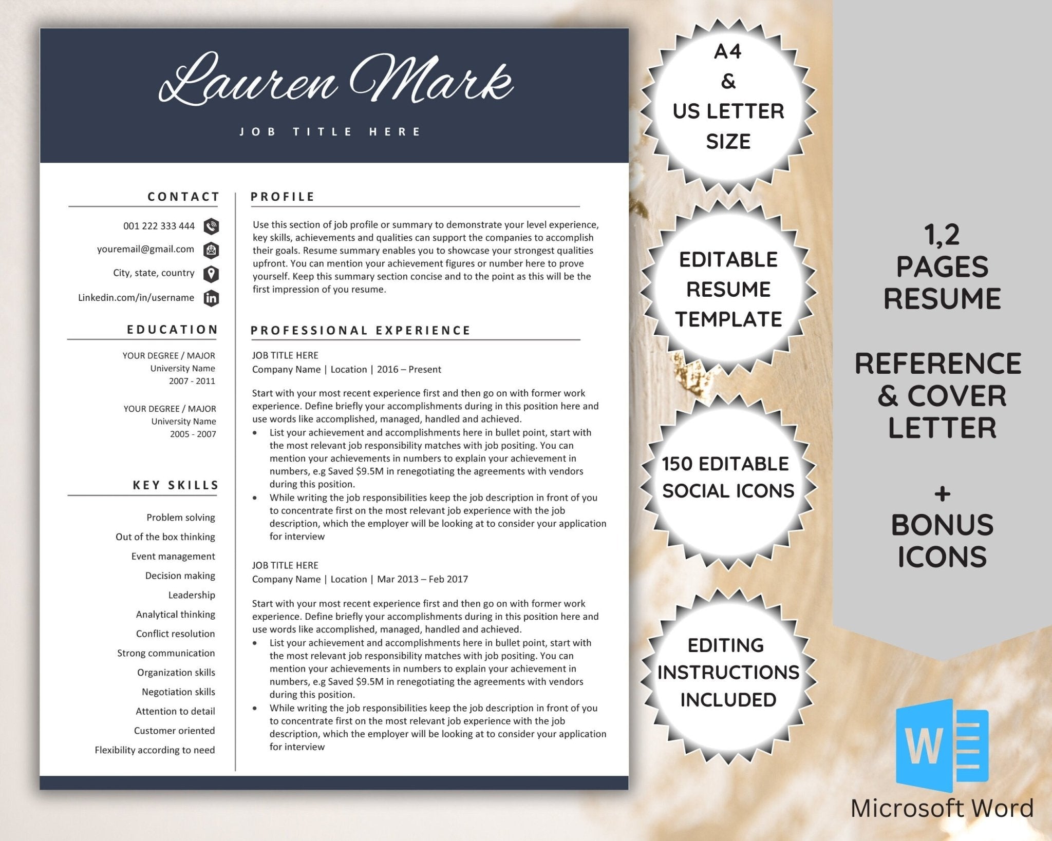 Minimalist resume template with cover letter for Word