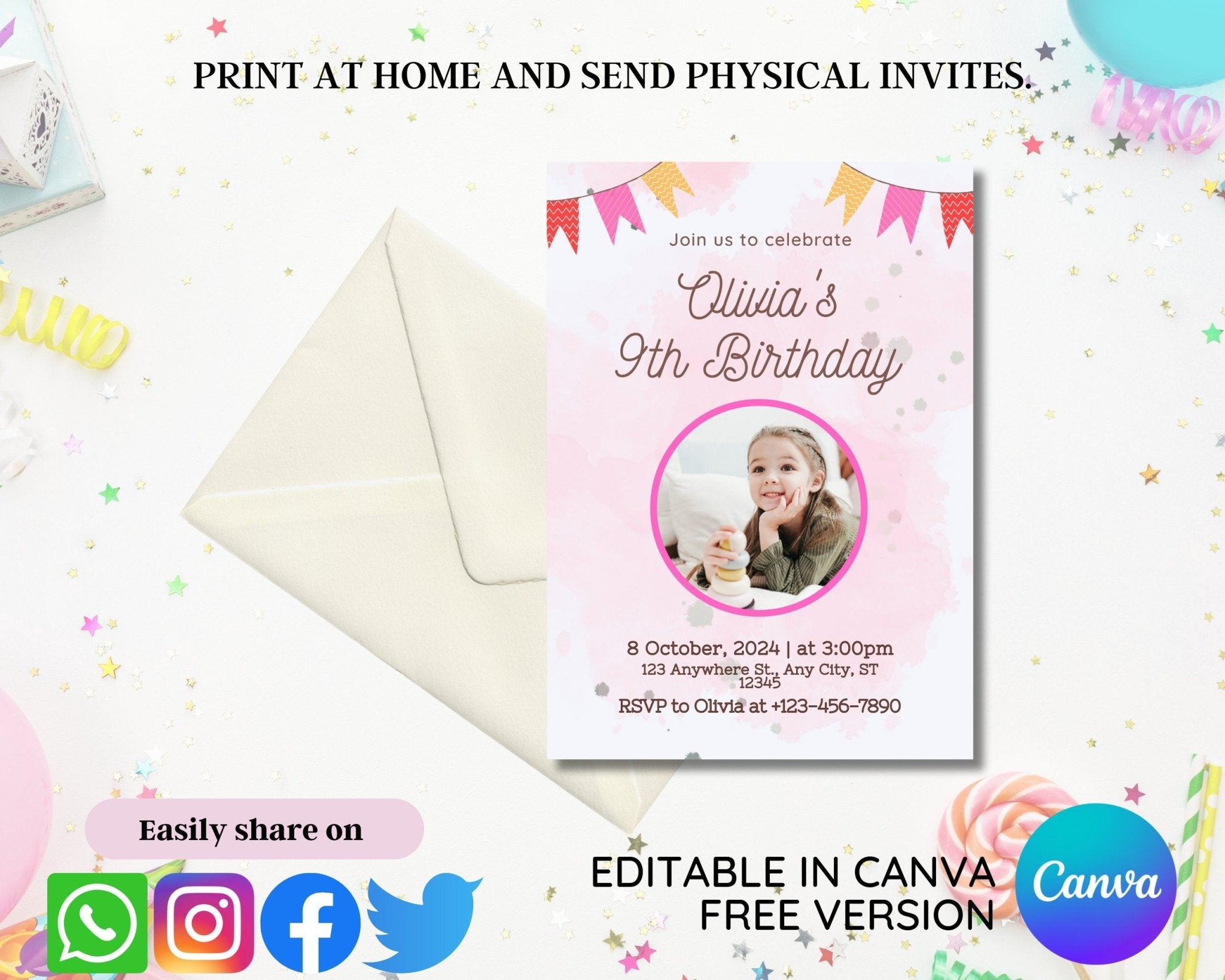 Flat lay of printed pink birthday card on white cardstock