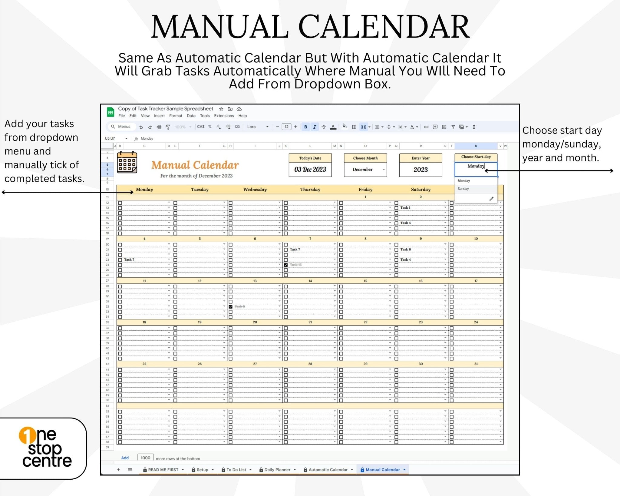 Manual Calendar Customizable task management spreadsheet template.