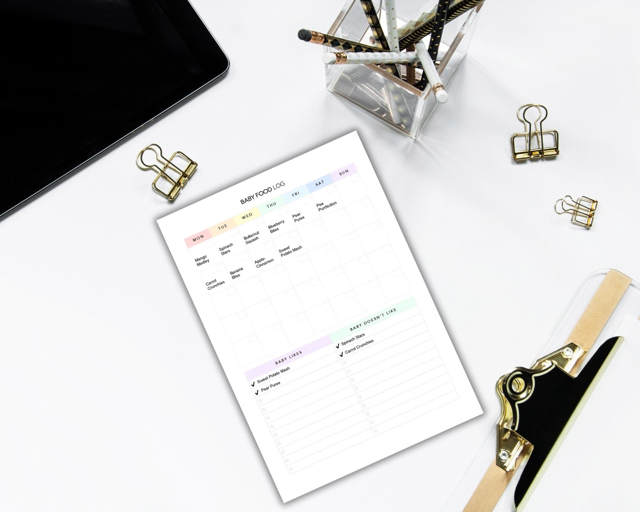 Flat-lay of multiple printed logs organized in a binder