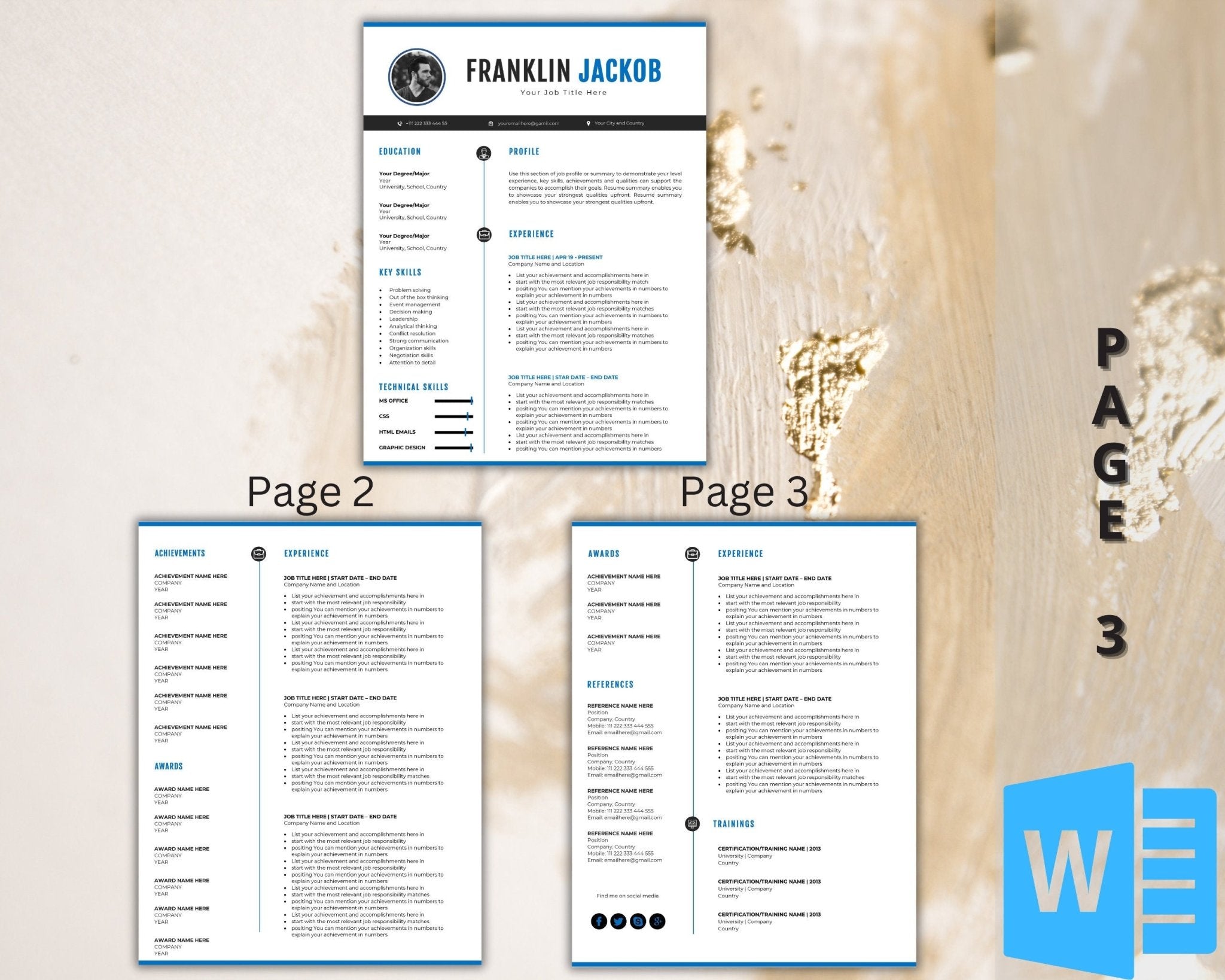 3-pages Editable CV template in Word with reference page