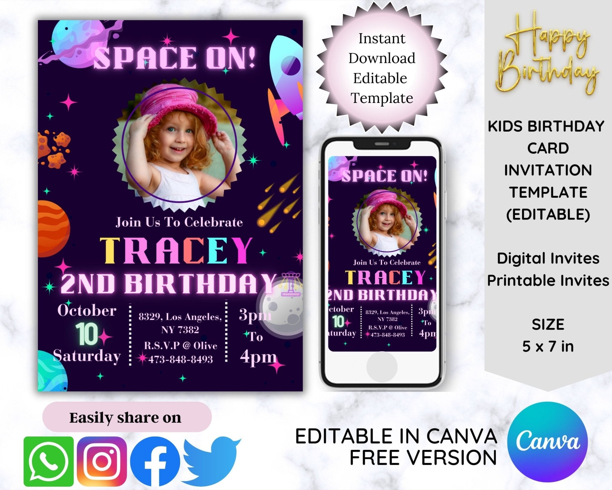 Editable space-themed birthday invite with photo frame