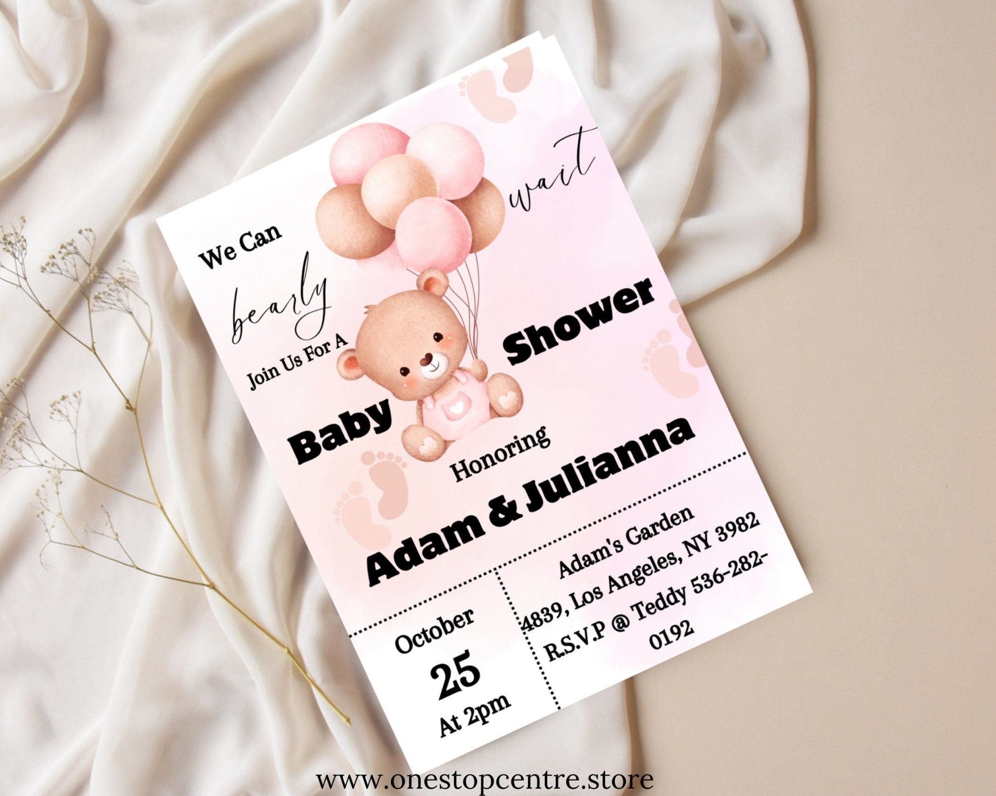 Girl baby shower invitation with teddy bear