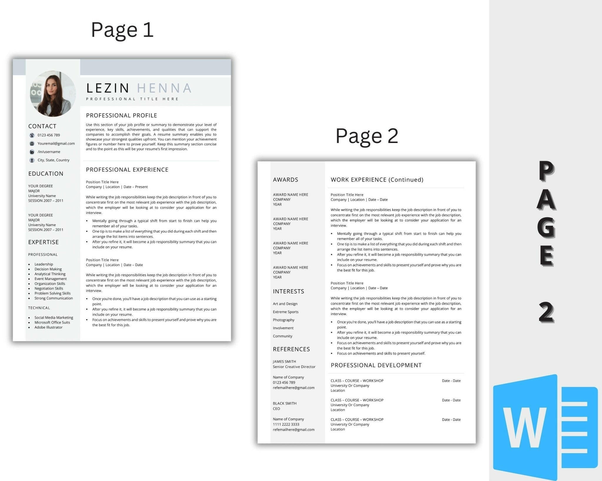 Resume Template with Photo and Icons – 2 Page Format