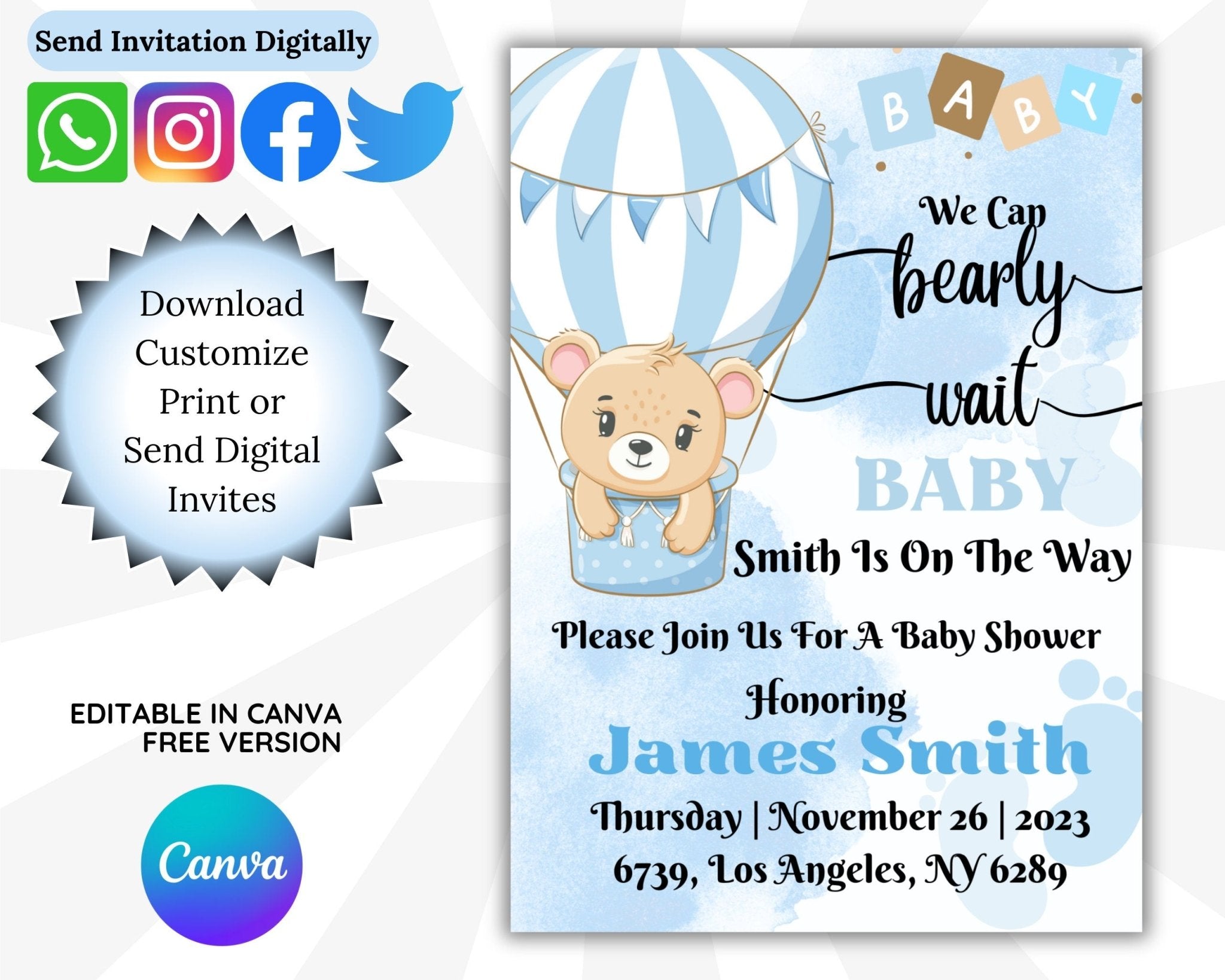 Mobile view of baby shower invite editable on Canva
