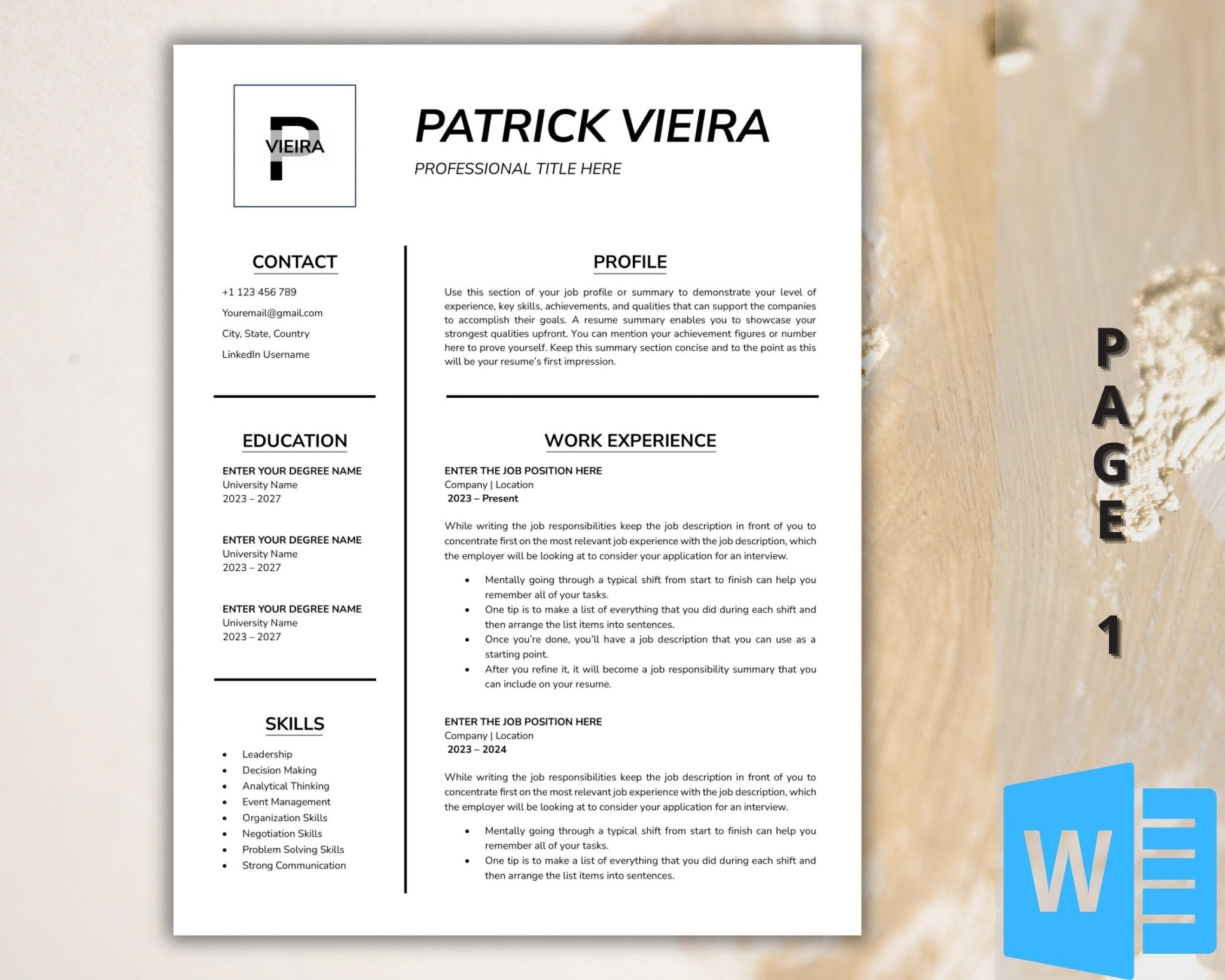 Clean professional resume design editable in Microsoft Word