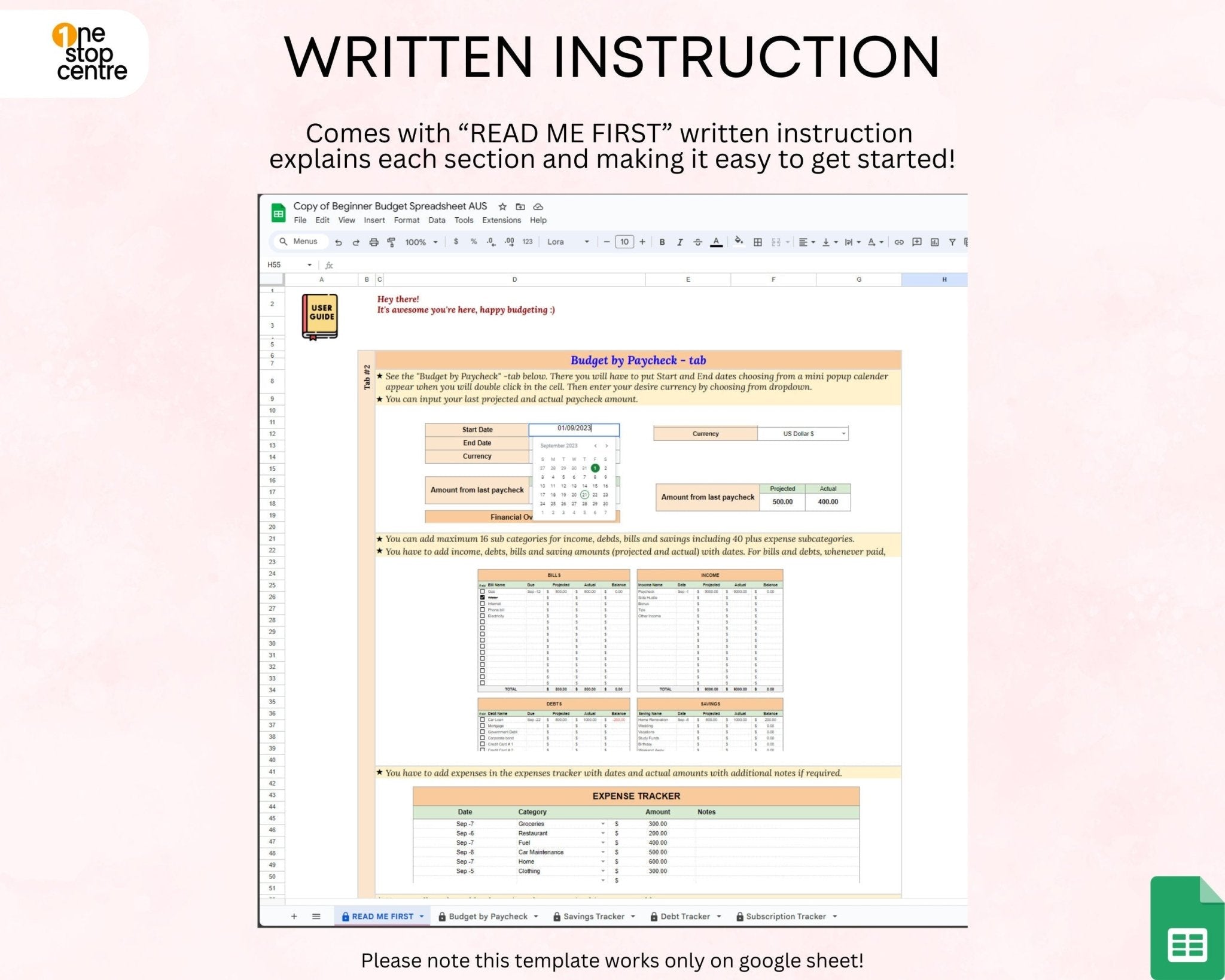Google Sheets monthly budget planner spreadsheet written instructions provided