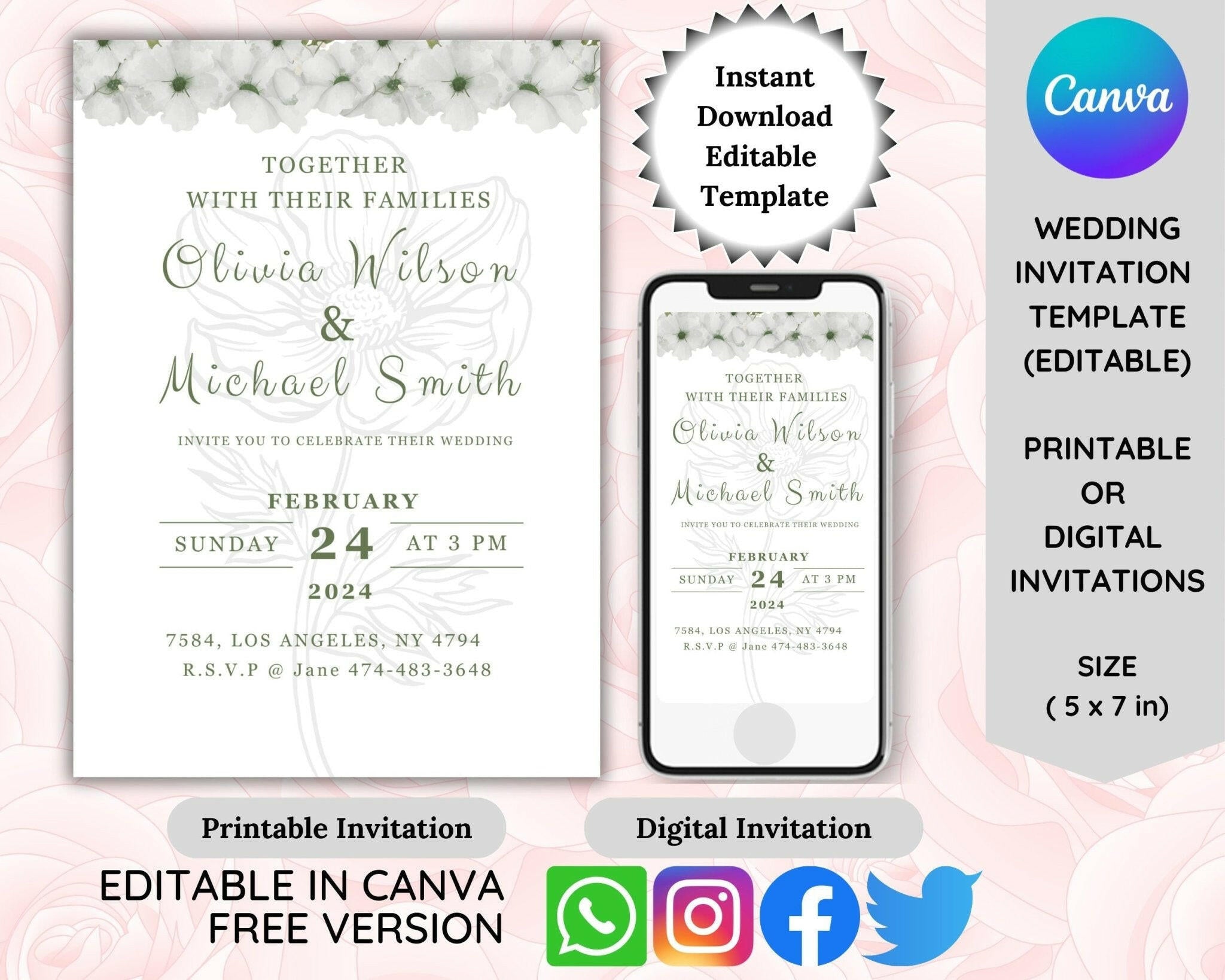 Minimalist white floral wedding invitation Canva template