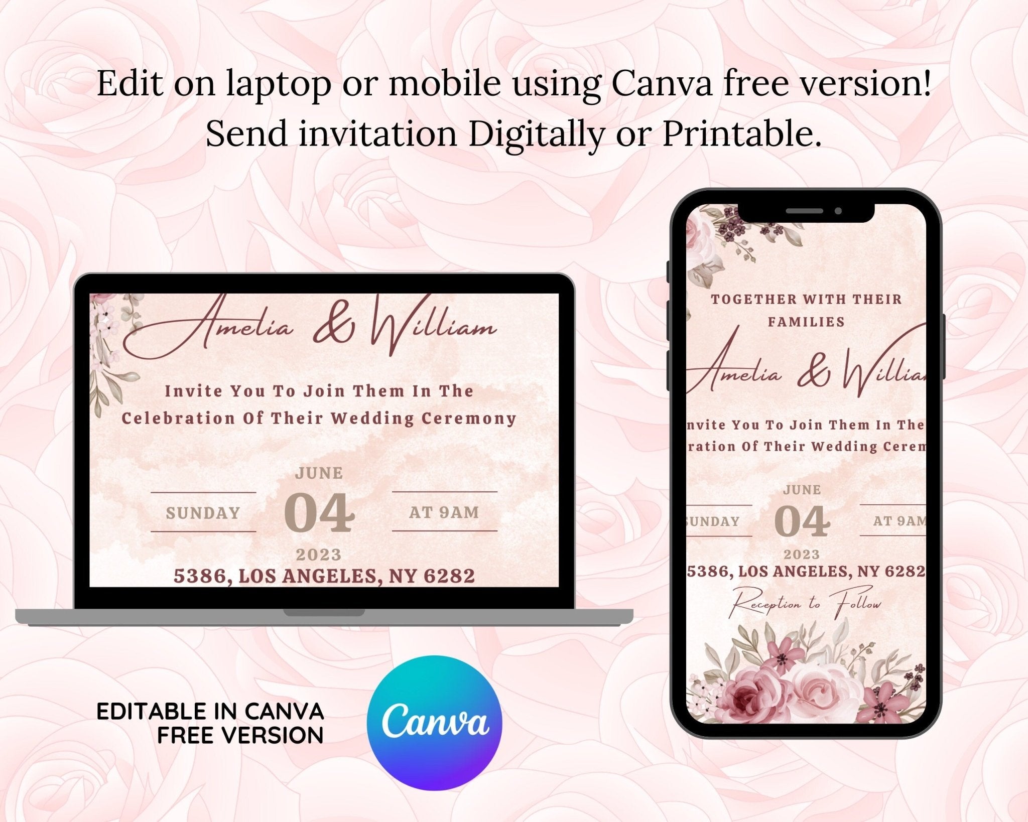 Romantic wedding invite template with editable text and colors