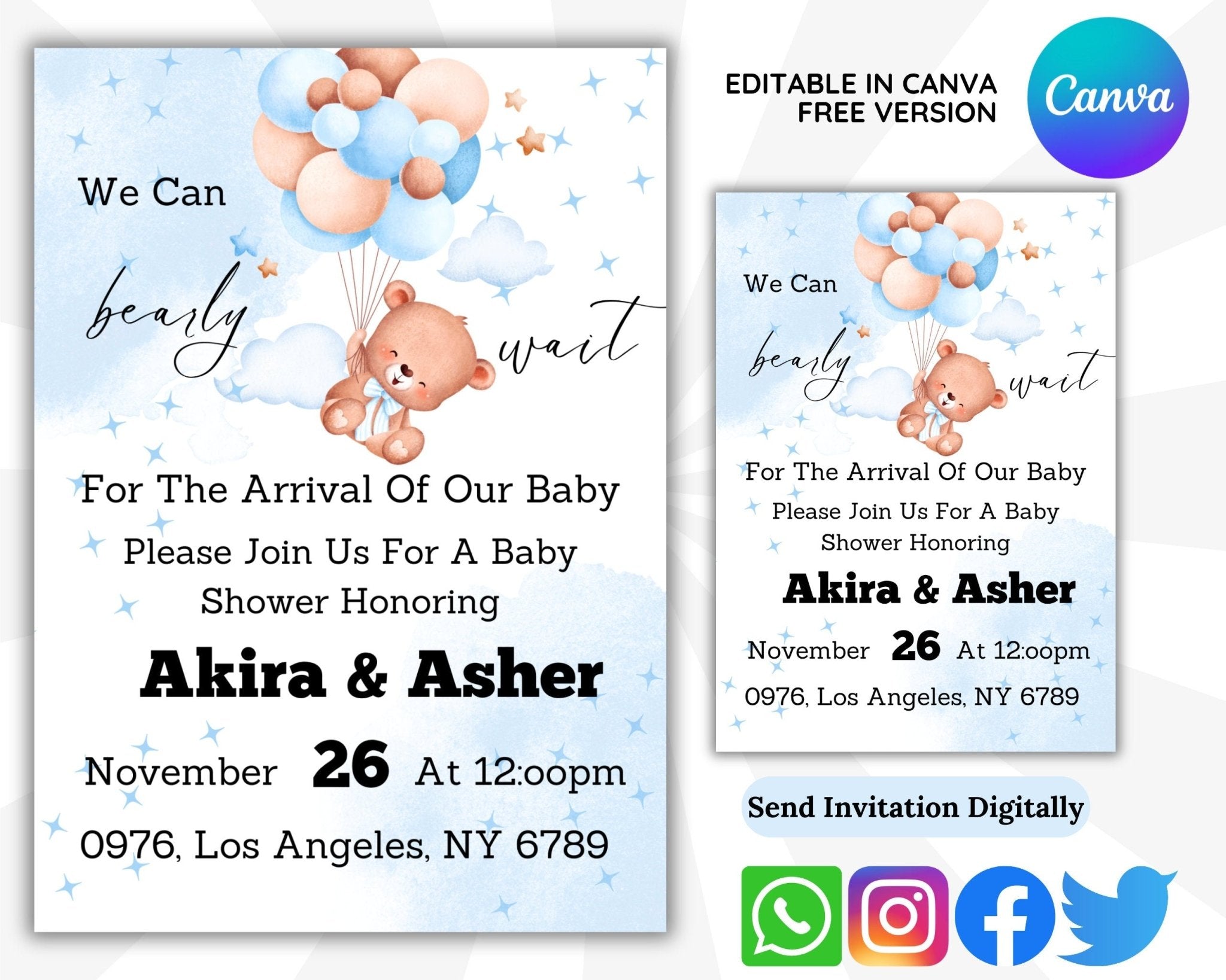 Gender-neutral teddy bear baby shower invite