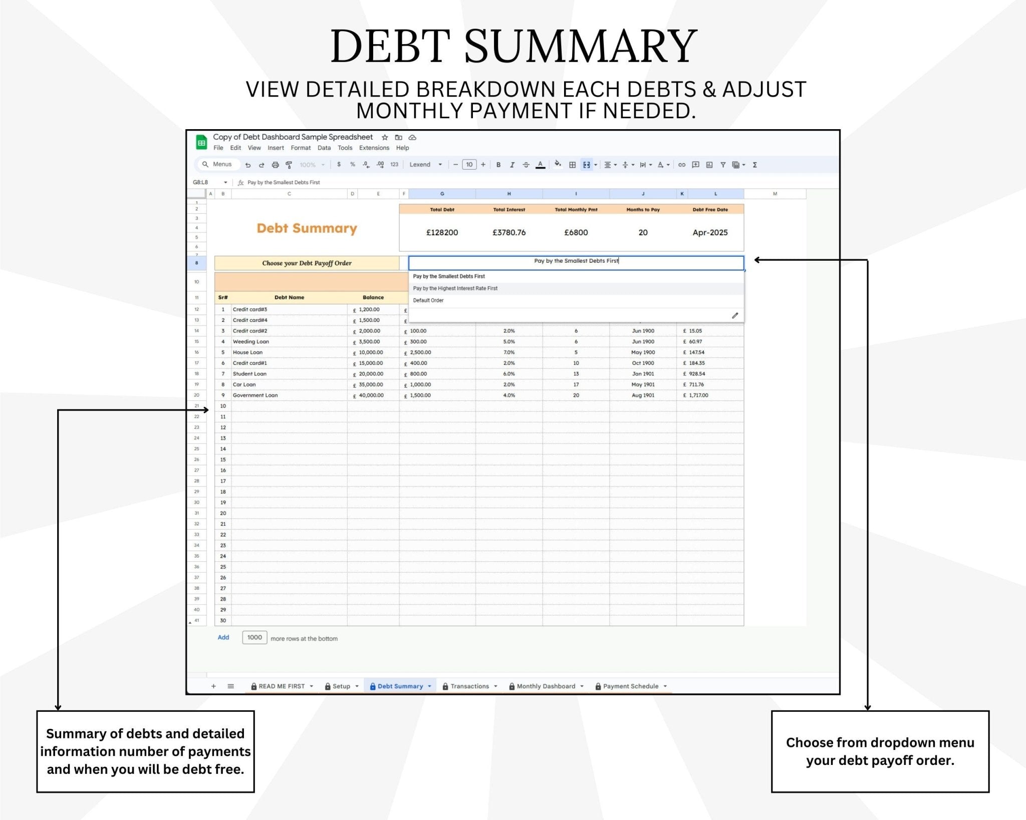 Example of debt summary section with mock data