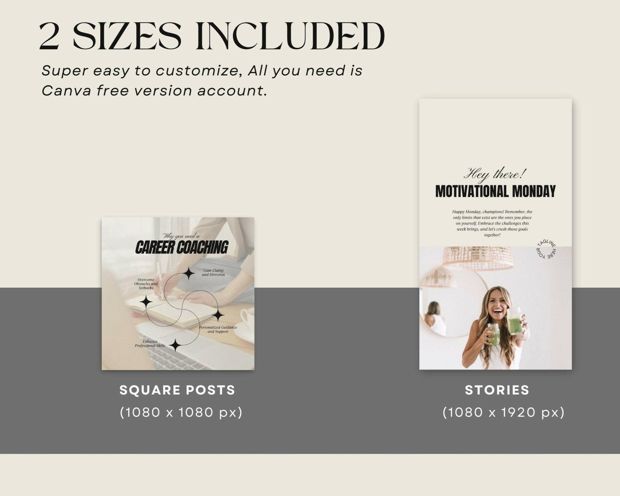 Two social media post designs with text about career coaching and motivational content