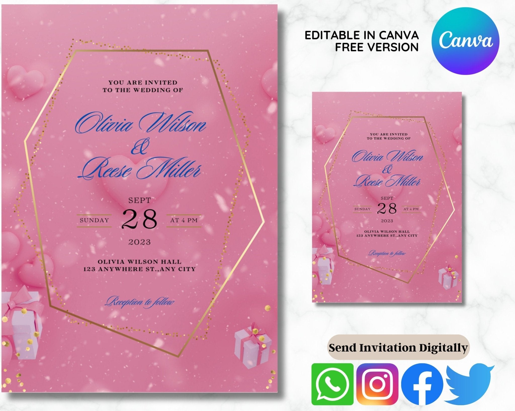 Elegant pink wedding invite with matching RSVP card