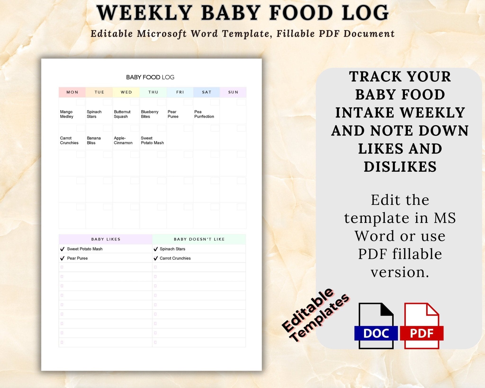 Weekly baby food log template with editable Microsoft Word and fillable PDF options on a beige background.