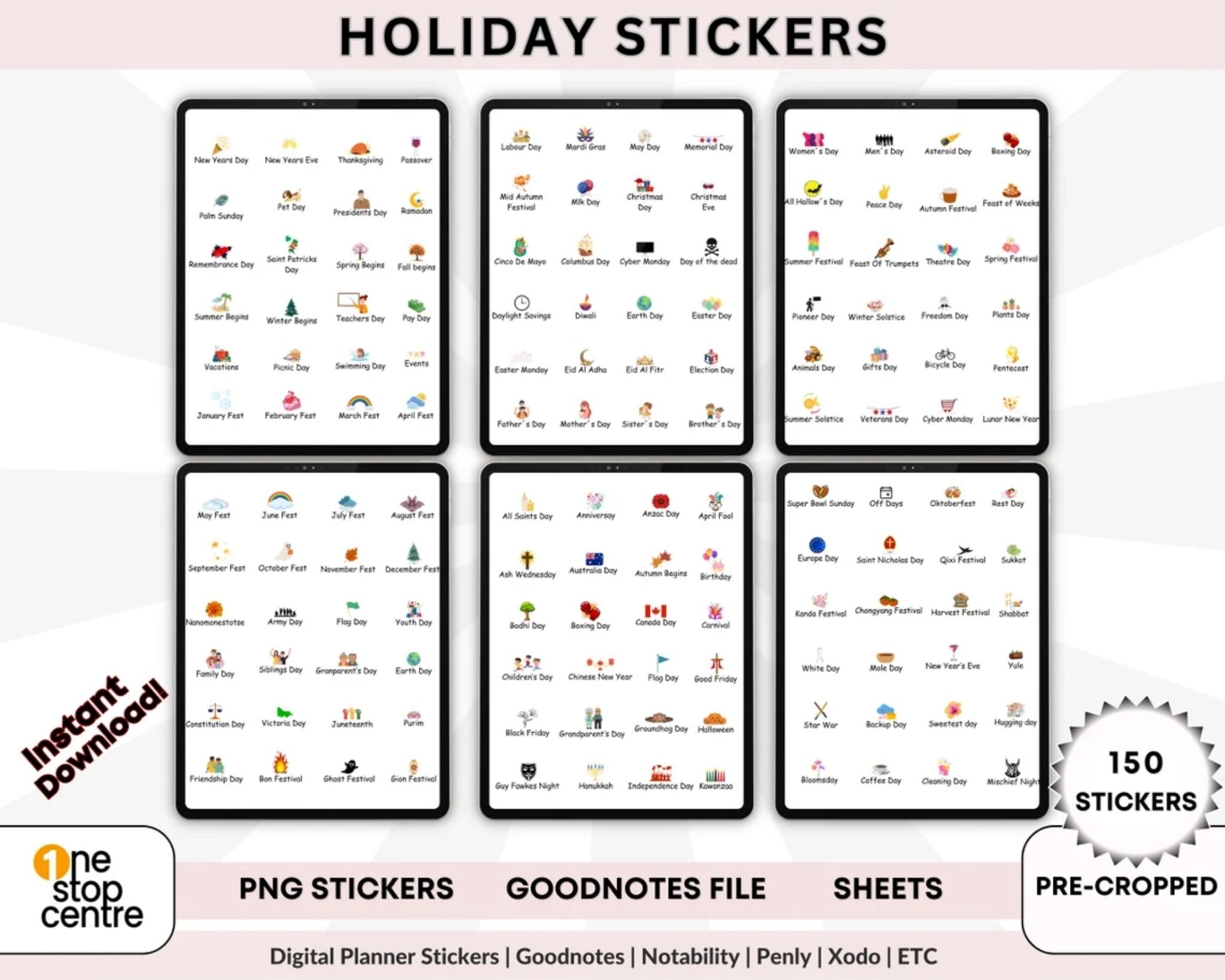Holiday planner stickers pack – 150 pre-cropped PNGs for GoodNotes and Penly