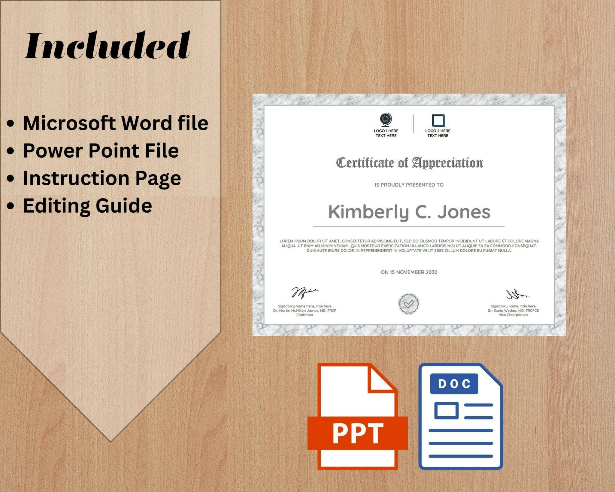 Certificate of Appreciation template with Microsoft Word and PowerPoint file icons on a wooden background