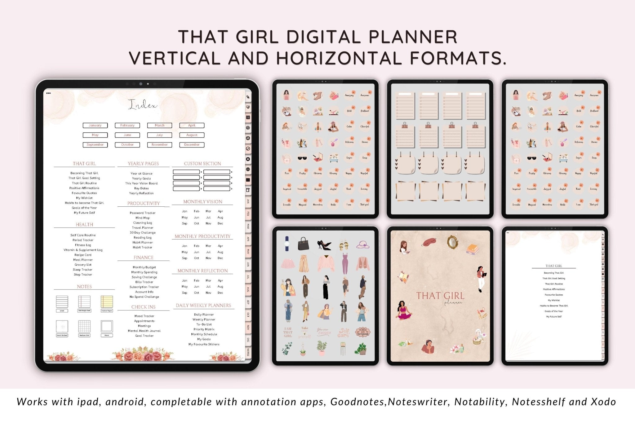 vertical and horizontal that girl digital planner with digital images included with planner.