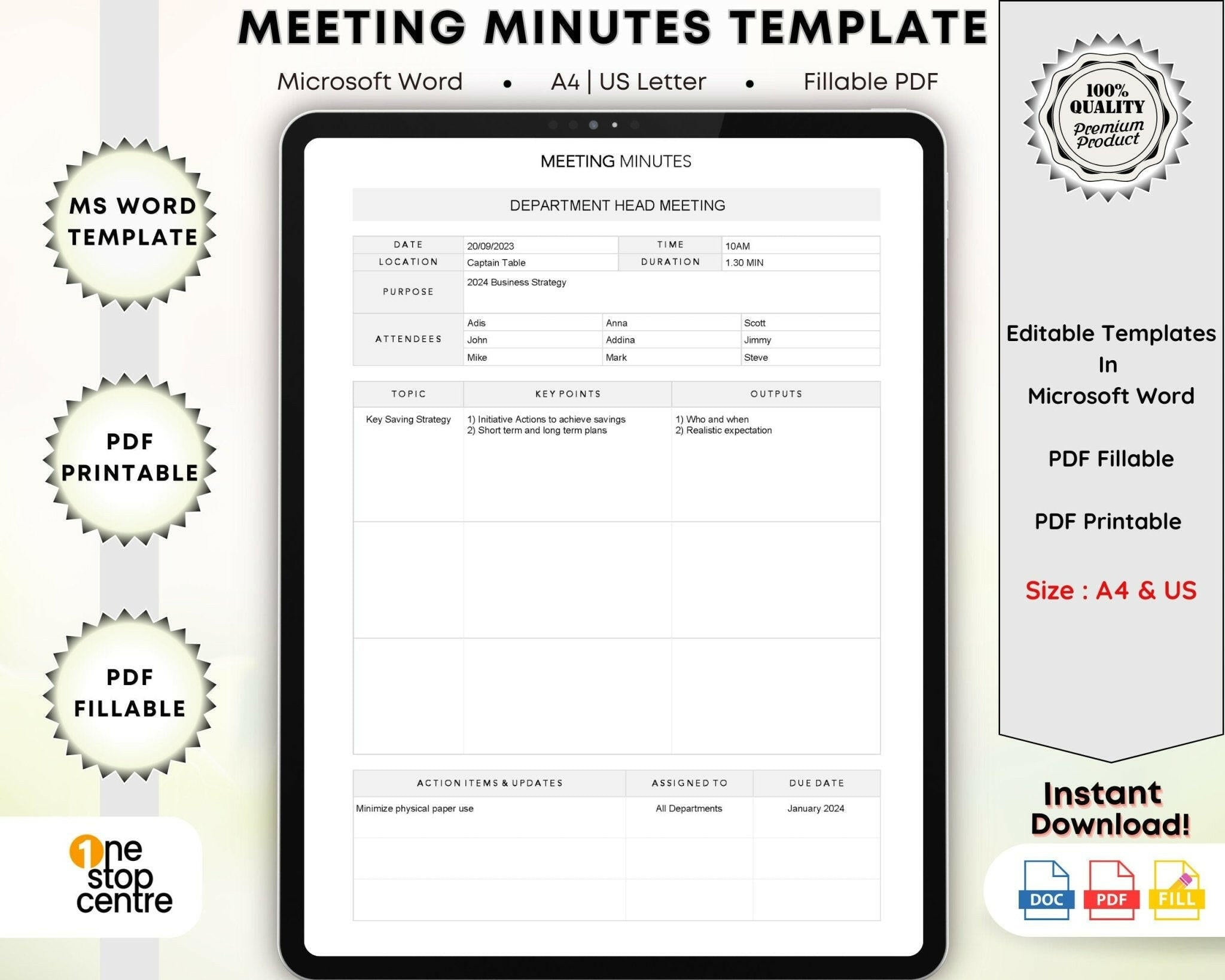 Editable work meeting minutes template in A4 size