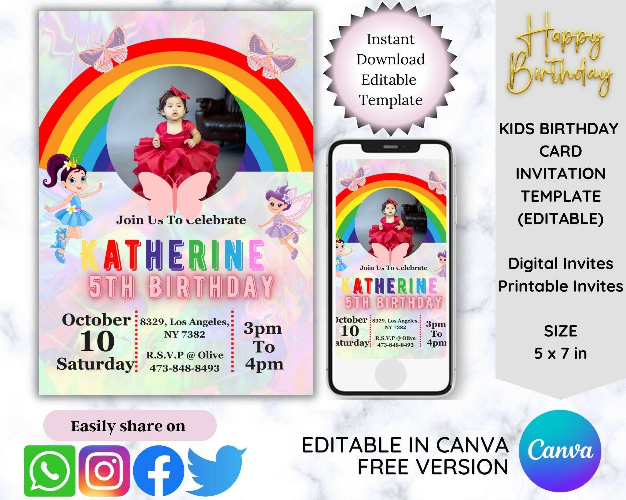 Rainbow butterfly kids birthday invitation template with editable photo