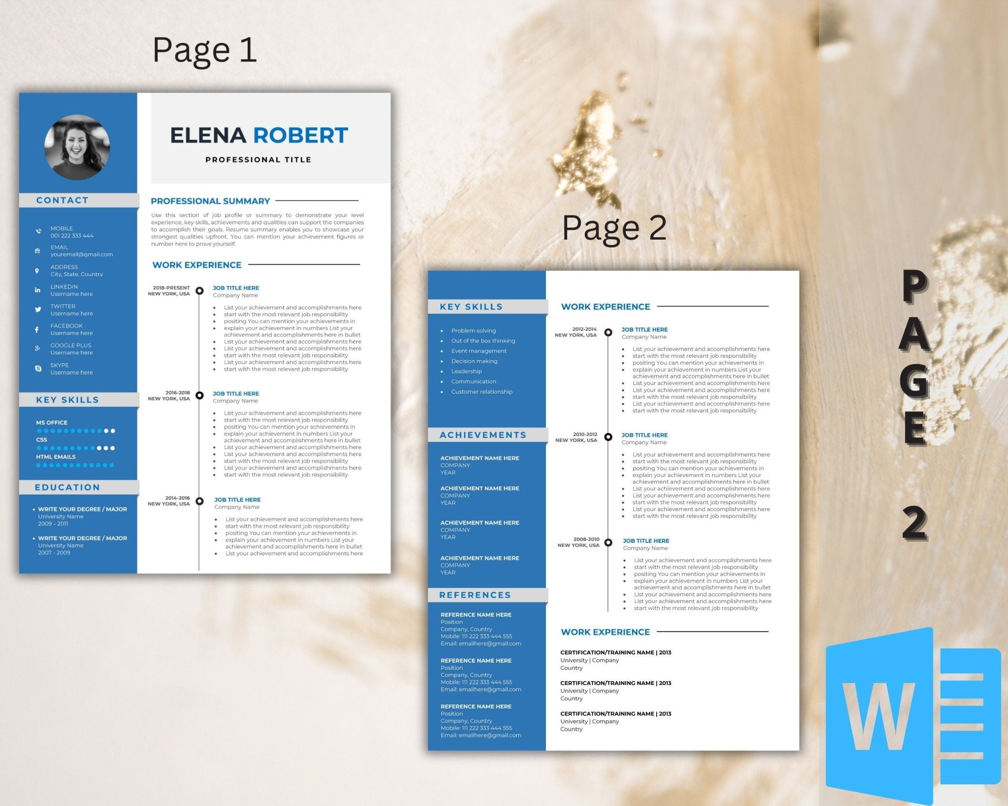 2 page Editable Word resume with icons and professional formatting