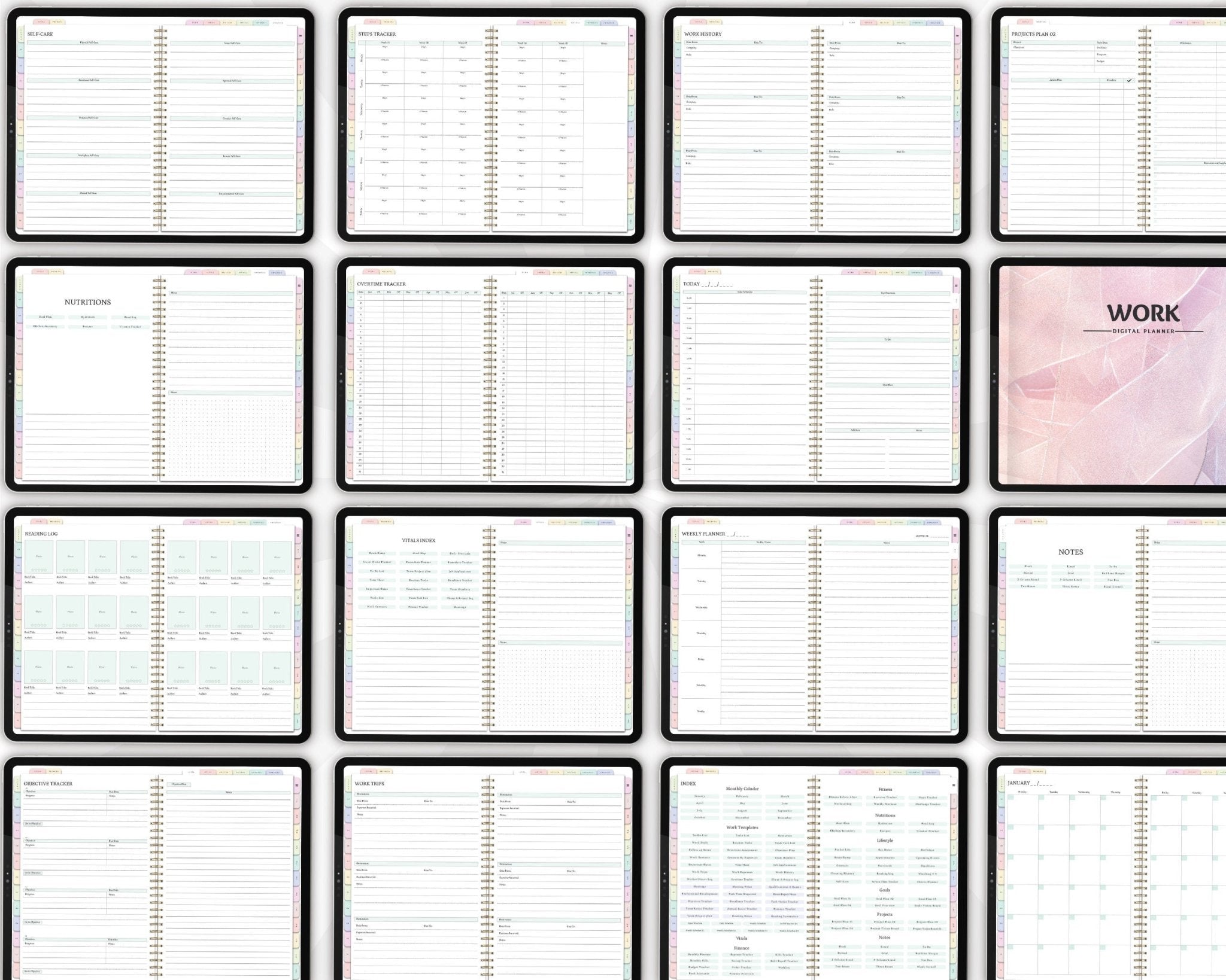Horizontal version of work digital planner displaying index pages and other pages