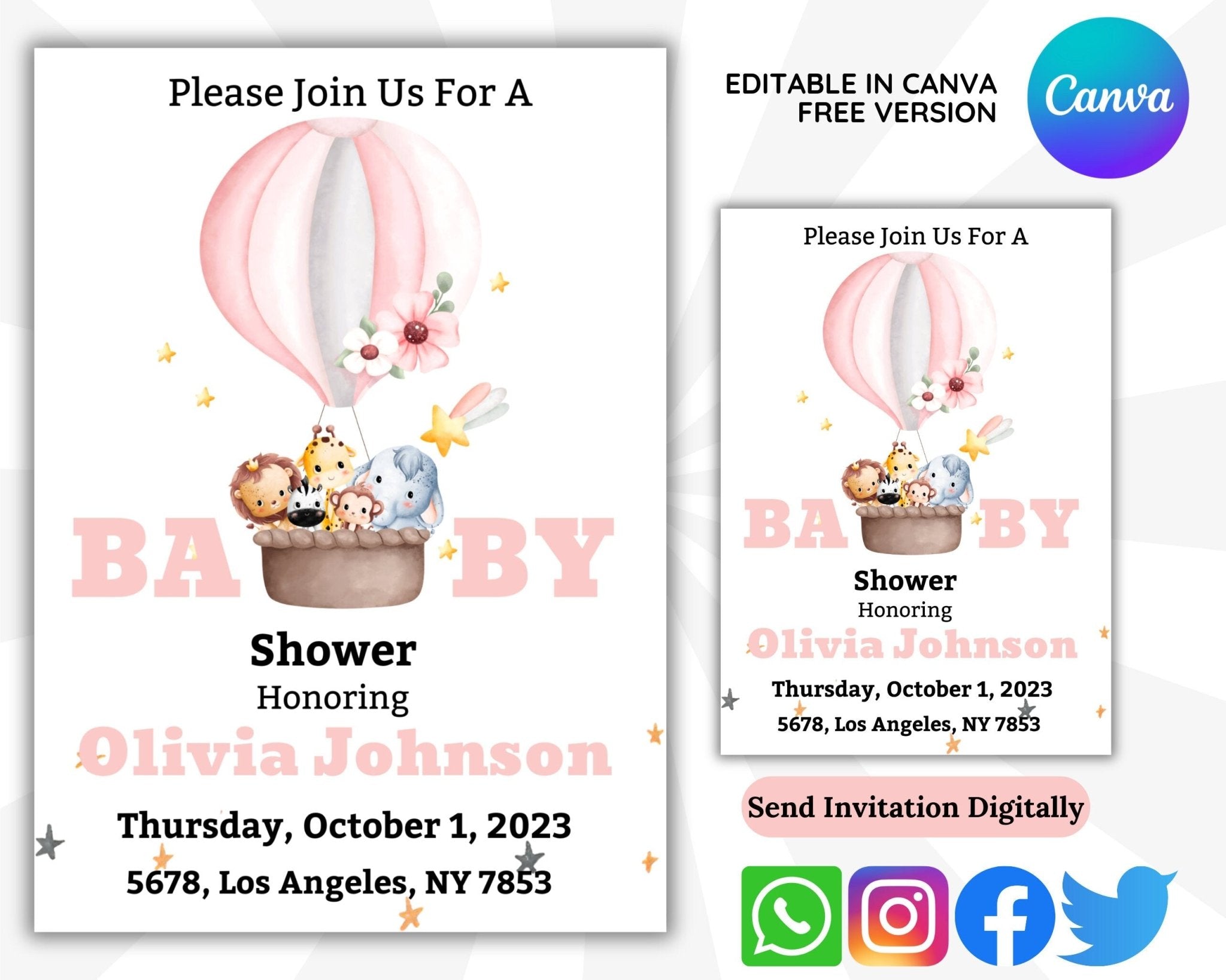Editable Canva baby girl invitation with balloons