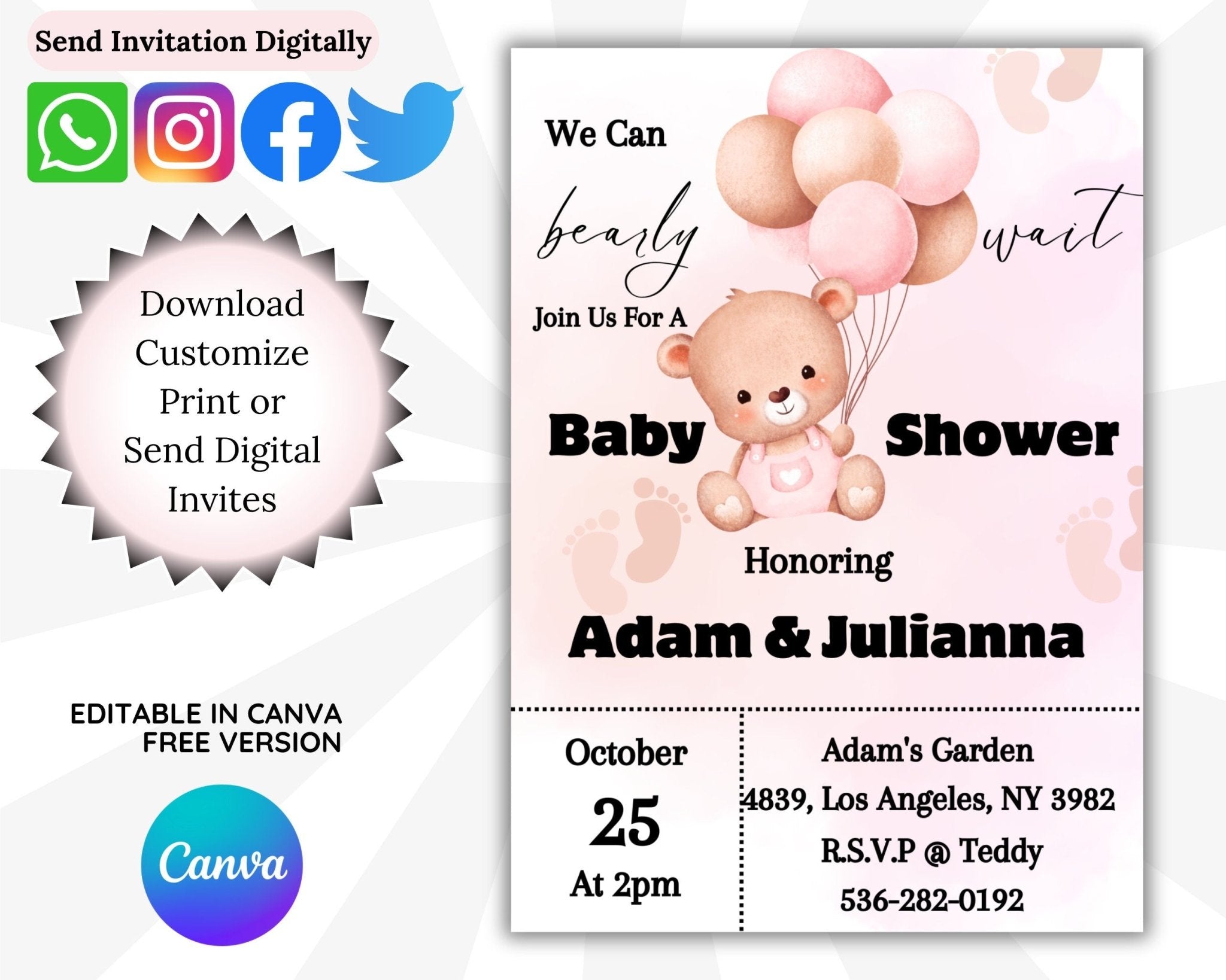 Digital pink bear baby shower invite