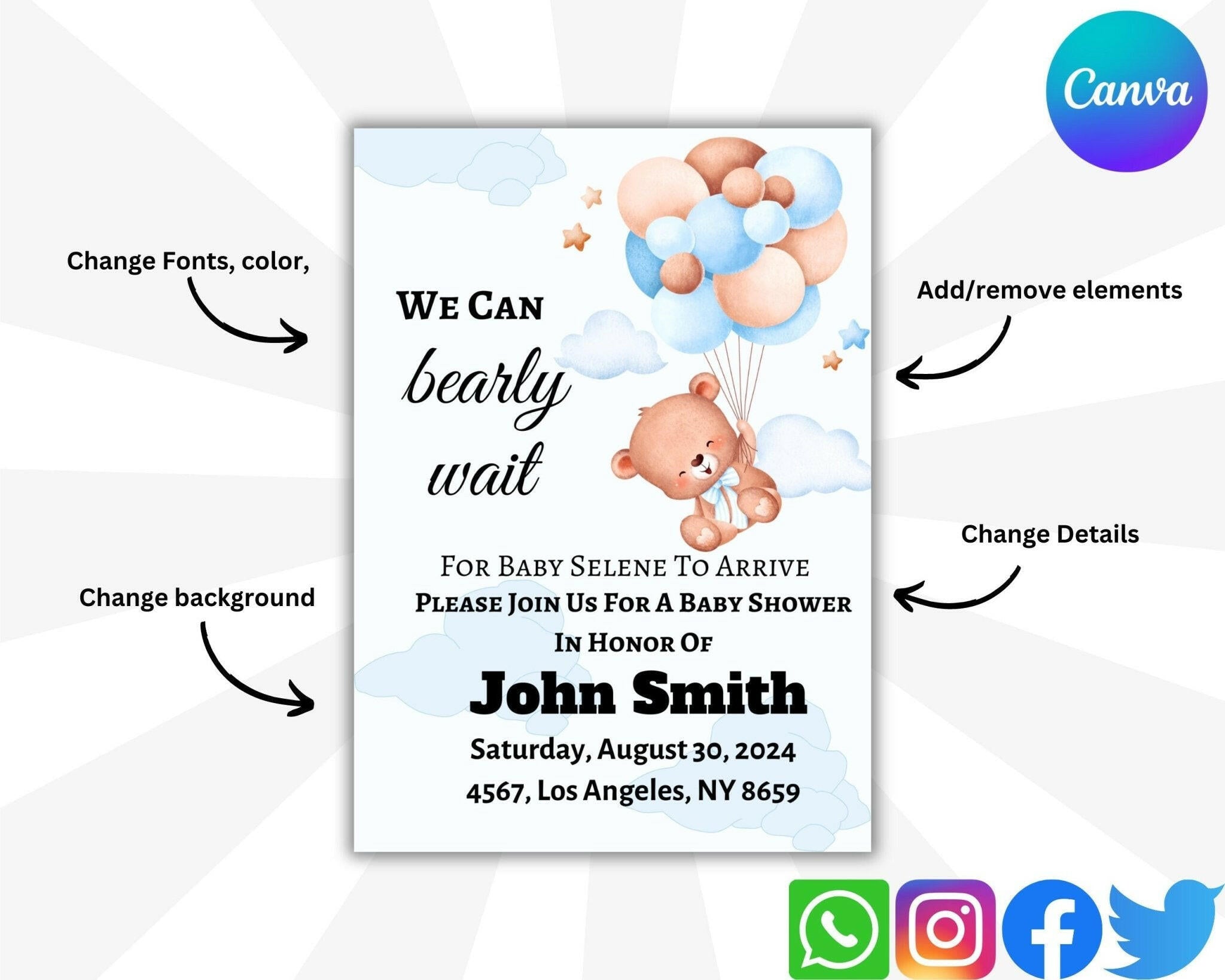 Customizable blue bear baby shower invitation