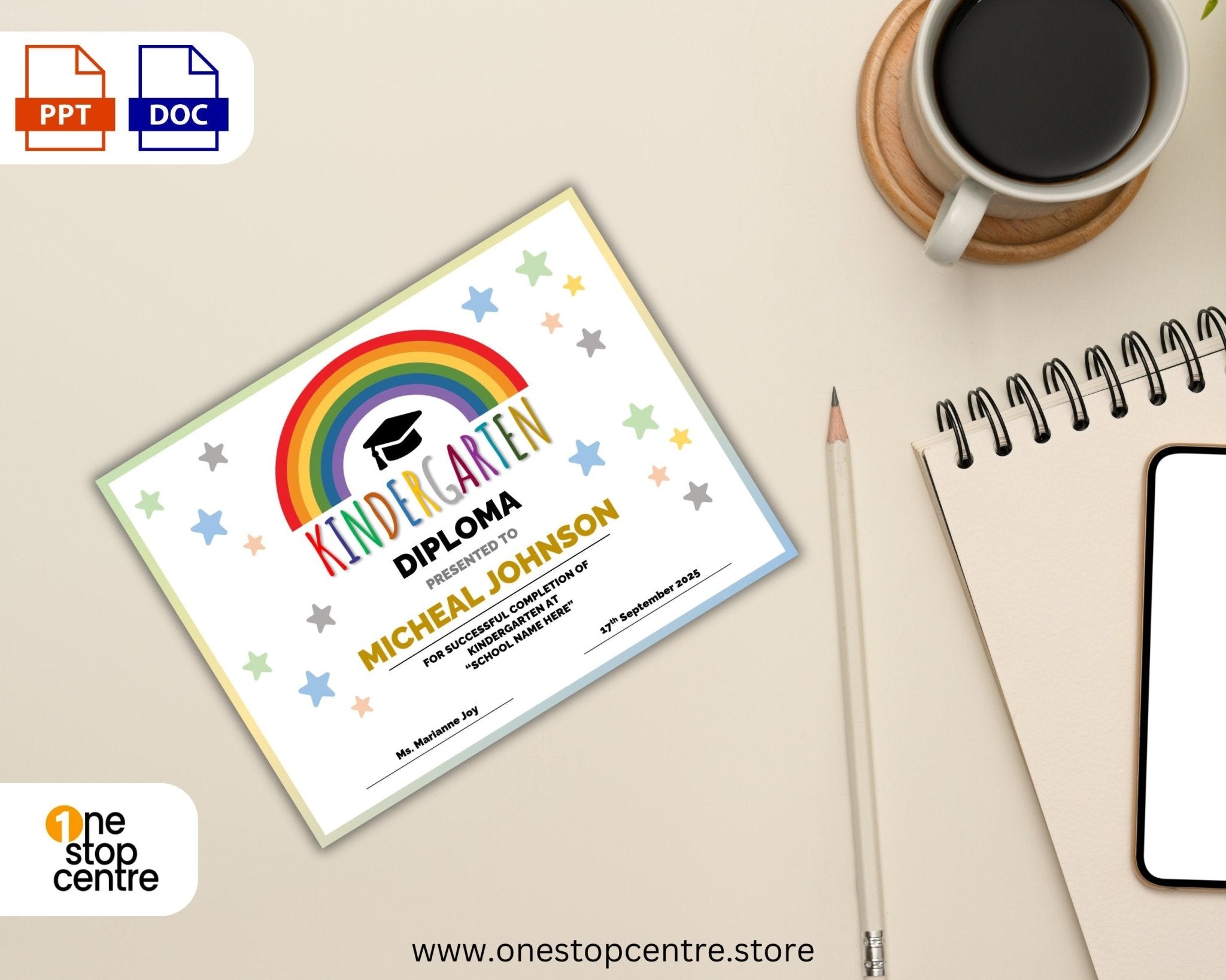 Rainbow-themed kindergarten certificate for printing