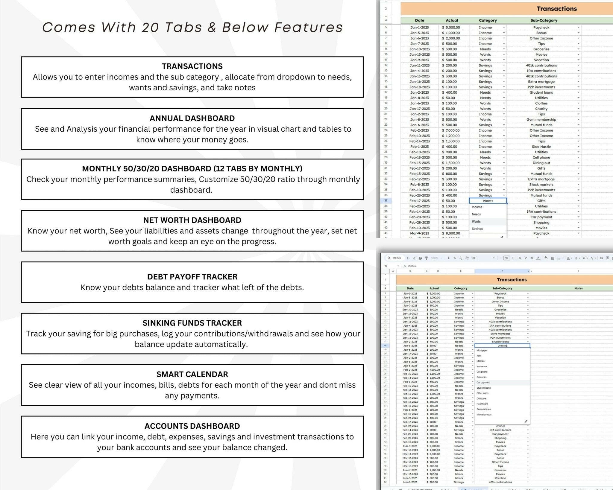 Monthly 50/30/20 budget tab with needs wants savings breakdown