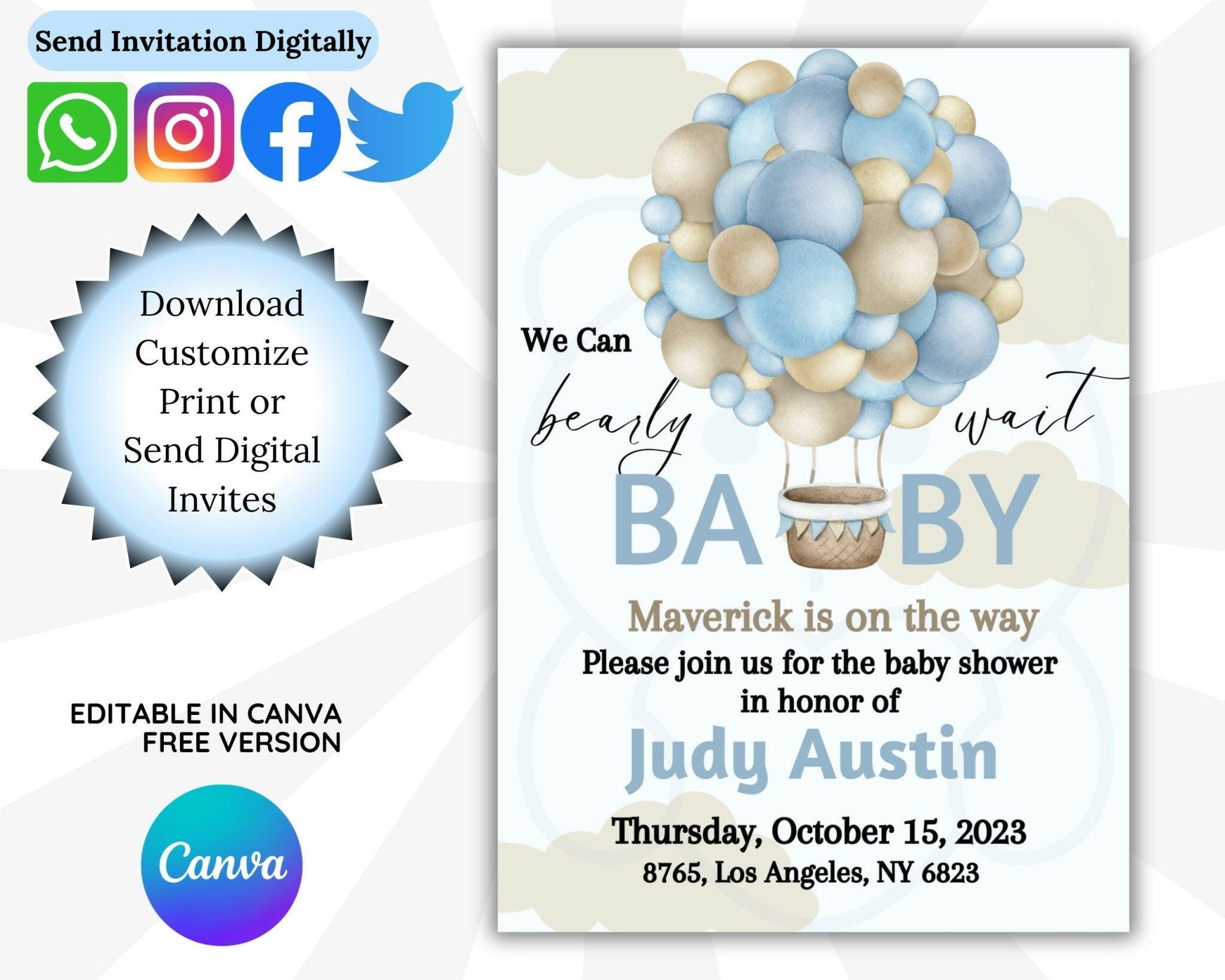 Customizable hot air balloon invitation template on Canva