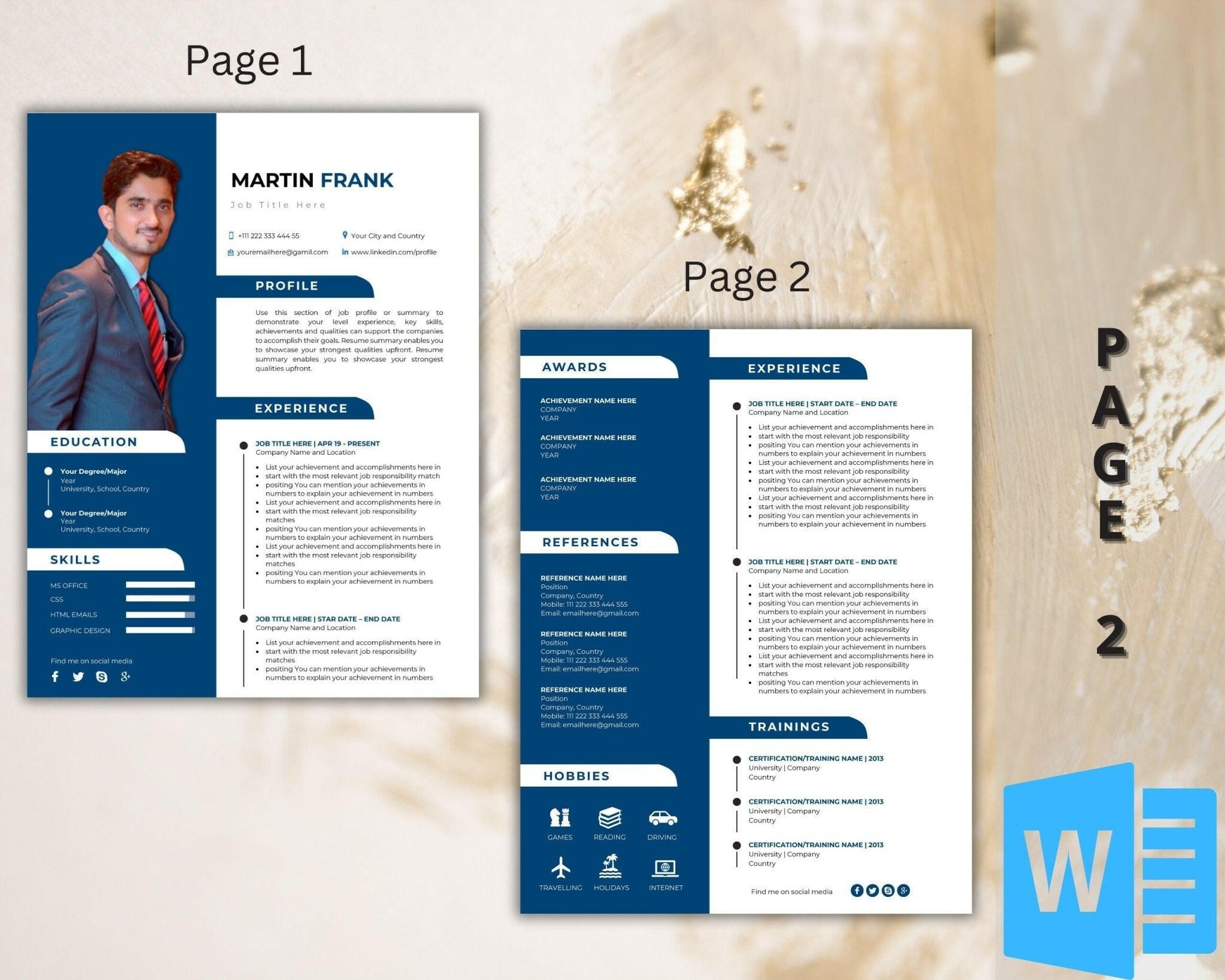Editable 2-page CV layout with professional design.