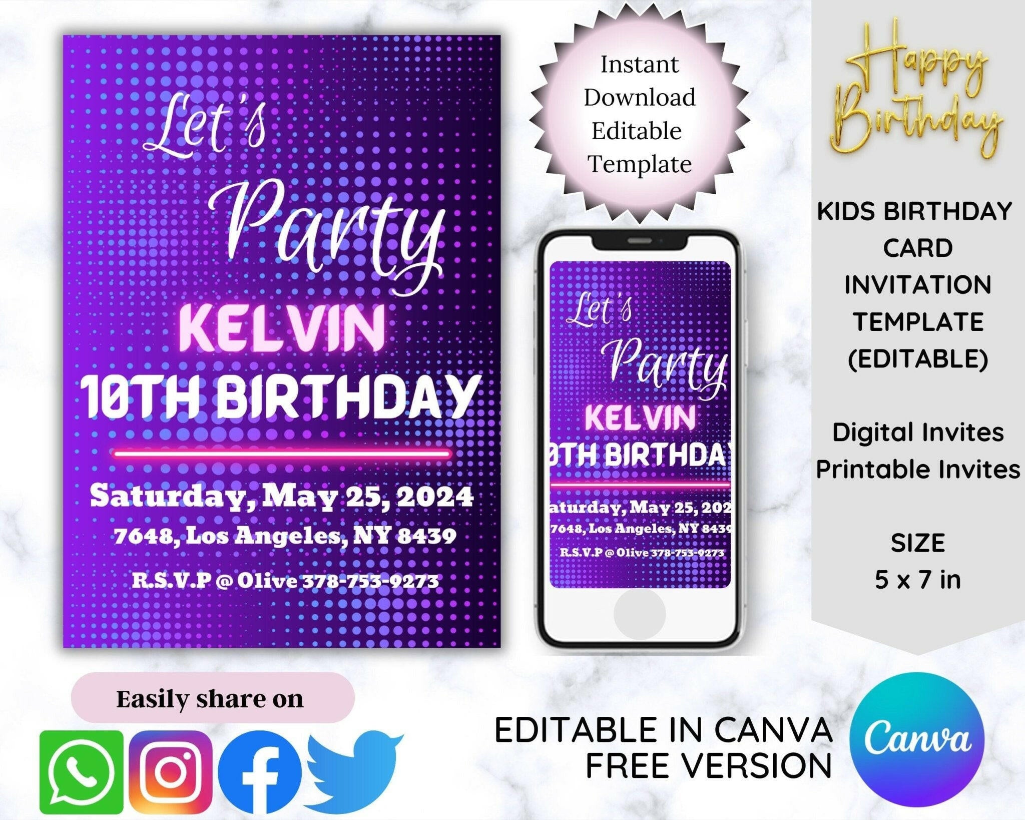 Purple glow birthday invitation template for kids