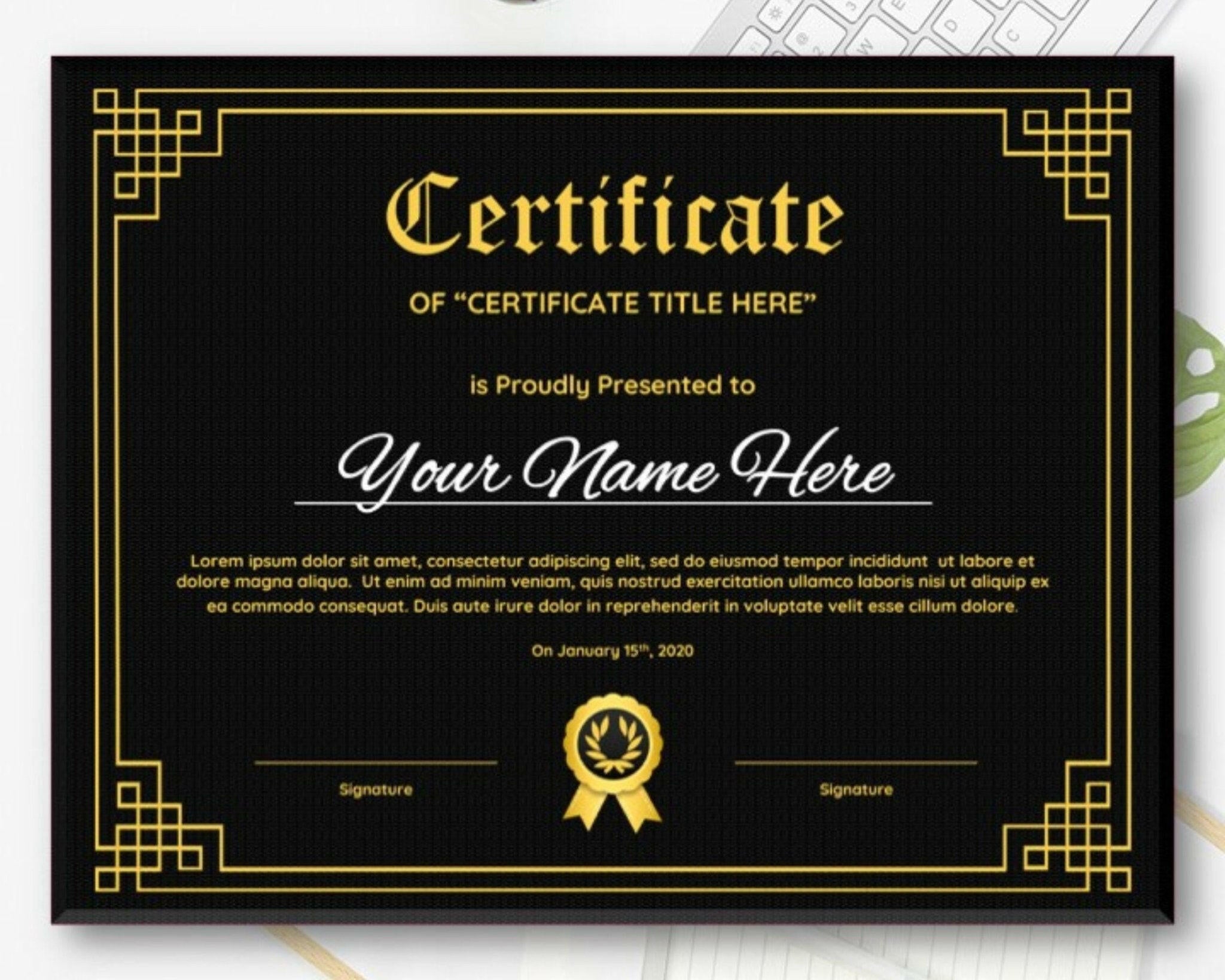 Black and gold editable certificate template in Word