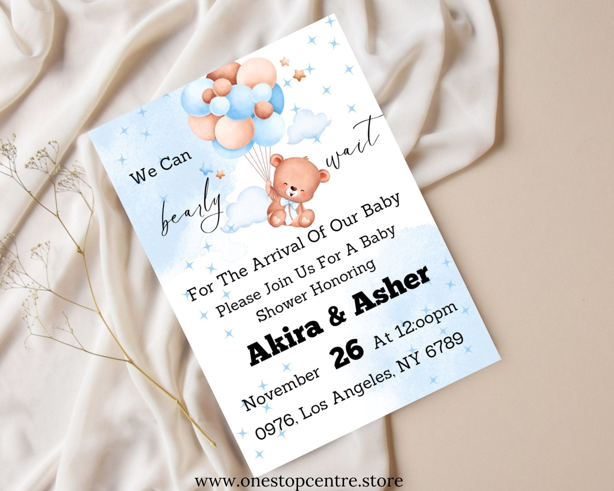 Printable blue baby shower invitation with balloons