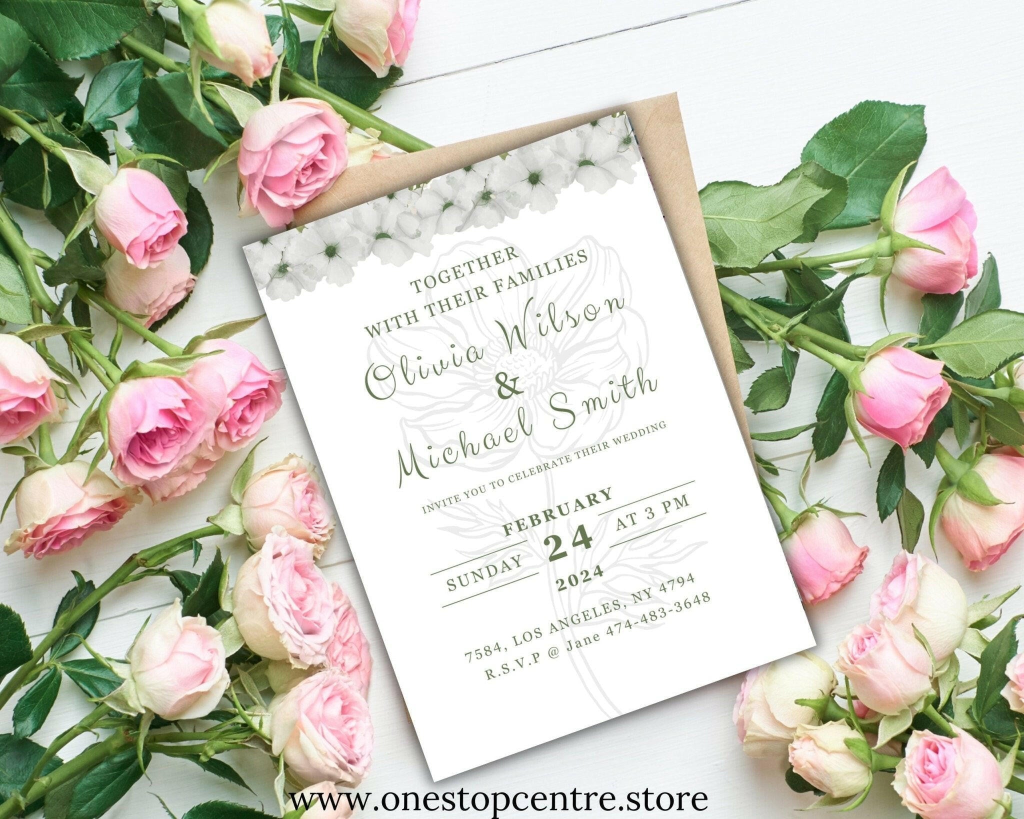 Modern wedding invitation with floral design and custom fonts