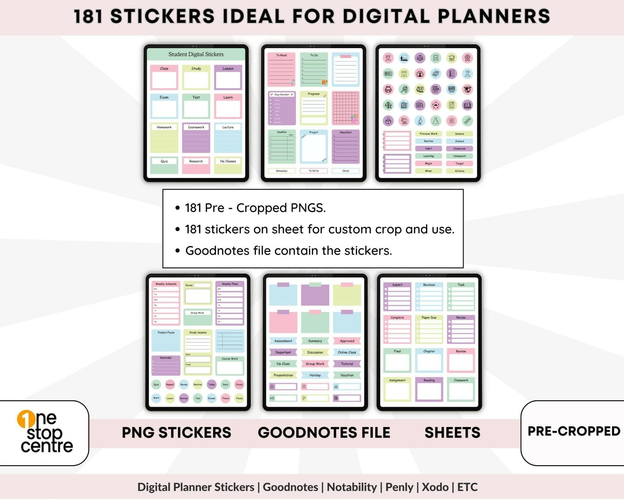 Digital planner stickers with various designs on a light pink background, featuring text about the product details.